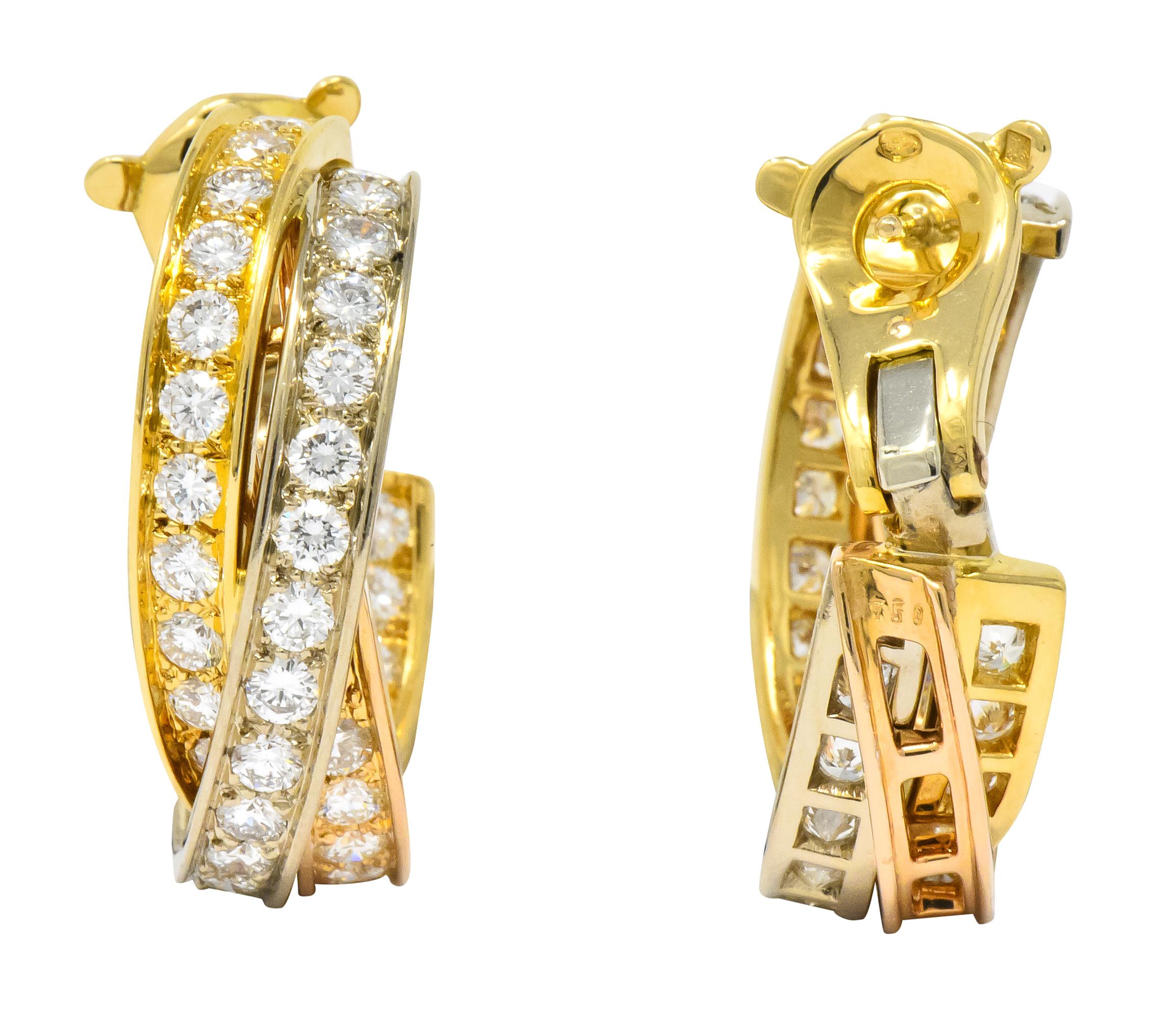 Contemporary Cartier 5.00 Carat Round Brilliant Diamond 18 Karat Tri-Gold Trinity Earrings