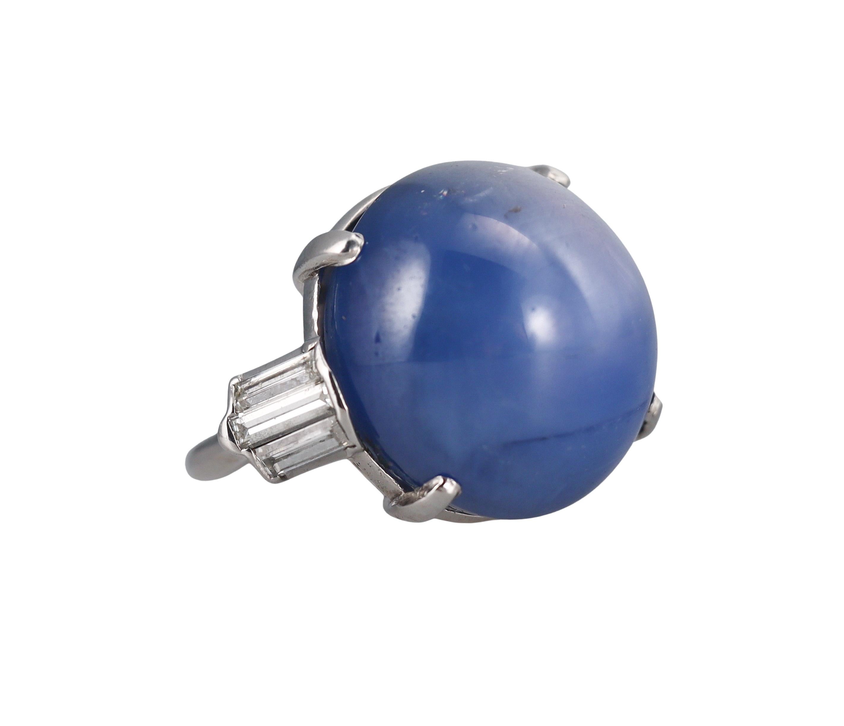 Cartier 53ct Star Sapphire Cabochon Platinum Diamond Ring In Excellent Condition For Sale In New York, NY