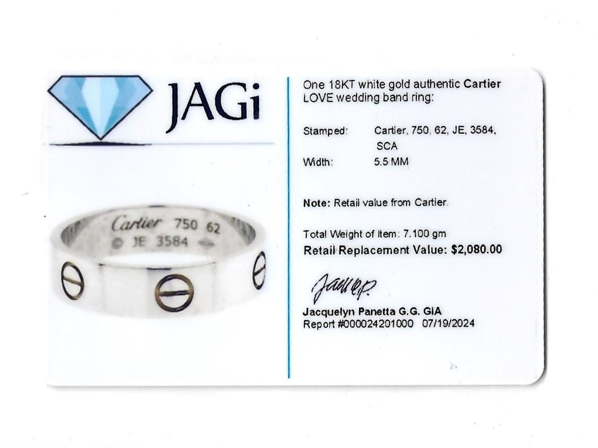 Cartier 5.5 mm Love Band Ring in Polished 18 Karat White Gold Size 62 3