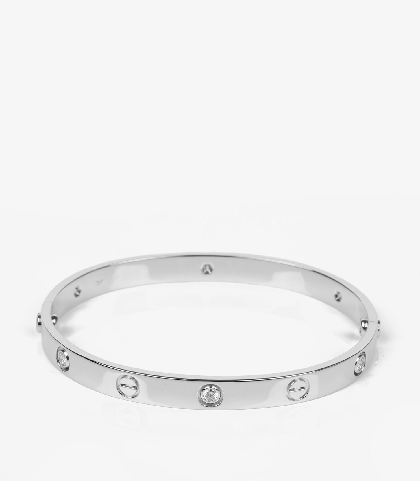 Cartier 6 Diamond 18ct White Gold Love Bangle

Product Details
Xupes Ref: J1371
Brand: Cartier
Model: 6 Diamond Love Bangle
Type: Bracelet
Serial Number: N*****
RRP: £12,200
Accompanied By: Cartier Pouch, Service Papers, Screwdriver
Material(s):