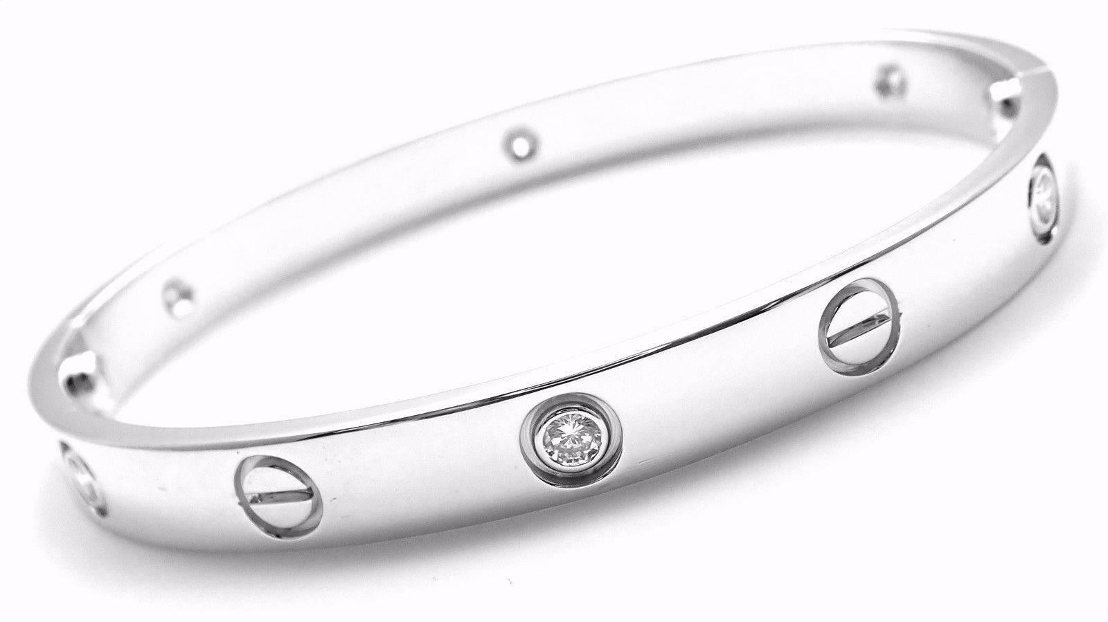 18k White Gold Cartier LOVE Bangle Bracelet, size 17.
With 6 brilliant round cut diamonds, VS1 clarity, E-F color total weight approx. .30ct
This bracelet comes with a Cartier box, screwdriver and service paper from Cartier store in