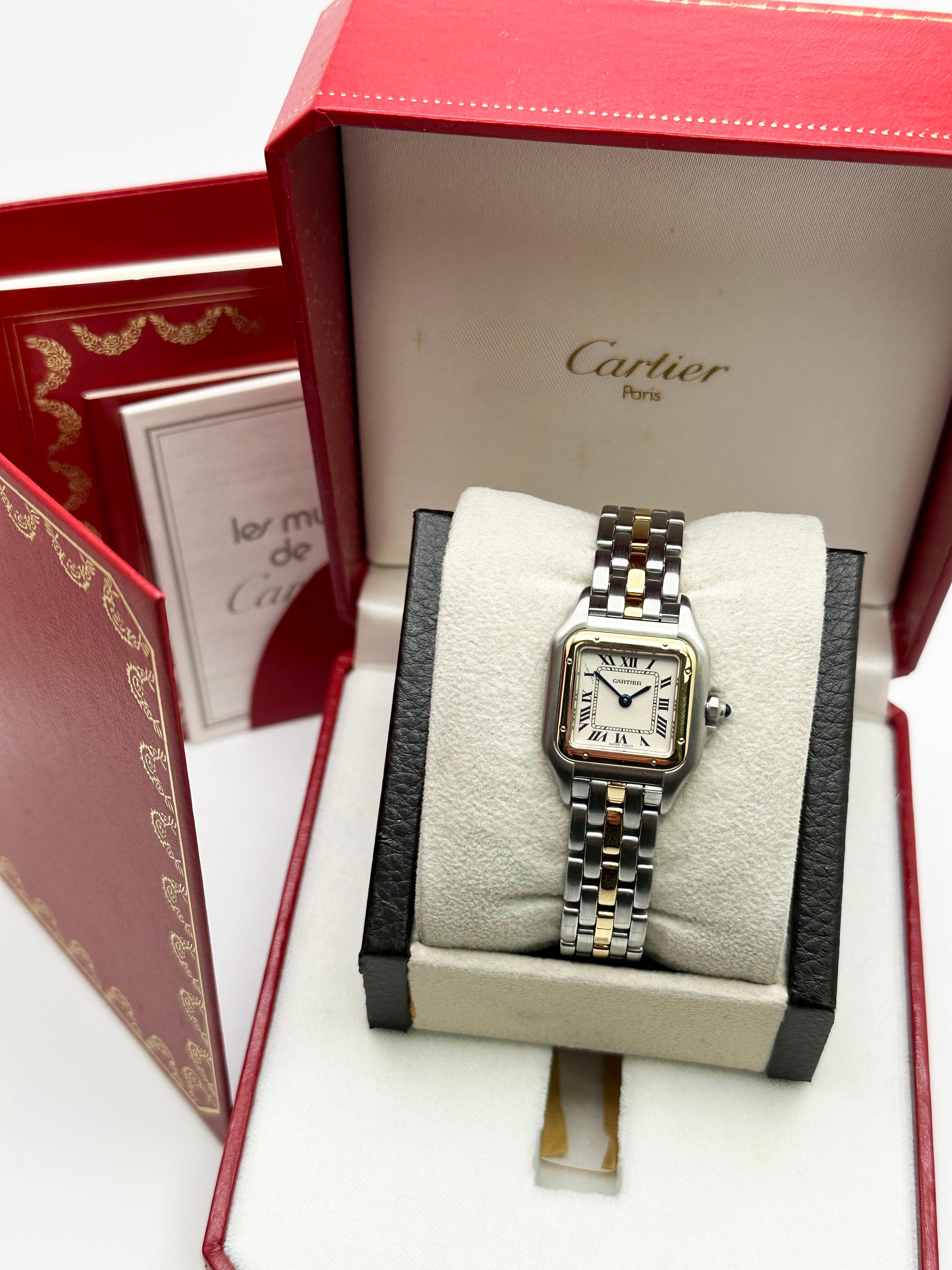 Style Number: 66921
Model: Panthere
Case Material: Stainless Steel 
Band: 18K Yellow Gold & Stainless Steel 
Bezel:  18K Yellow Gold 
Face: Sapphire Crystal 
Case Size: 22mm 
Includes: 
-Cartier Box & Paper - Open Paper
-Certified Appraisal 
-1 Year