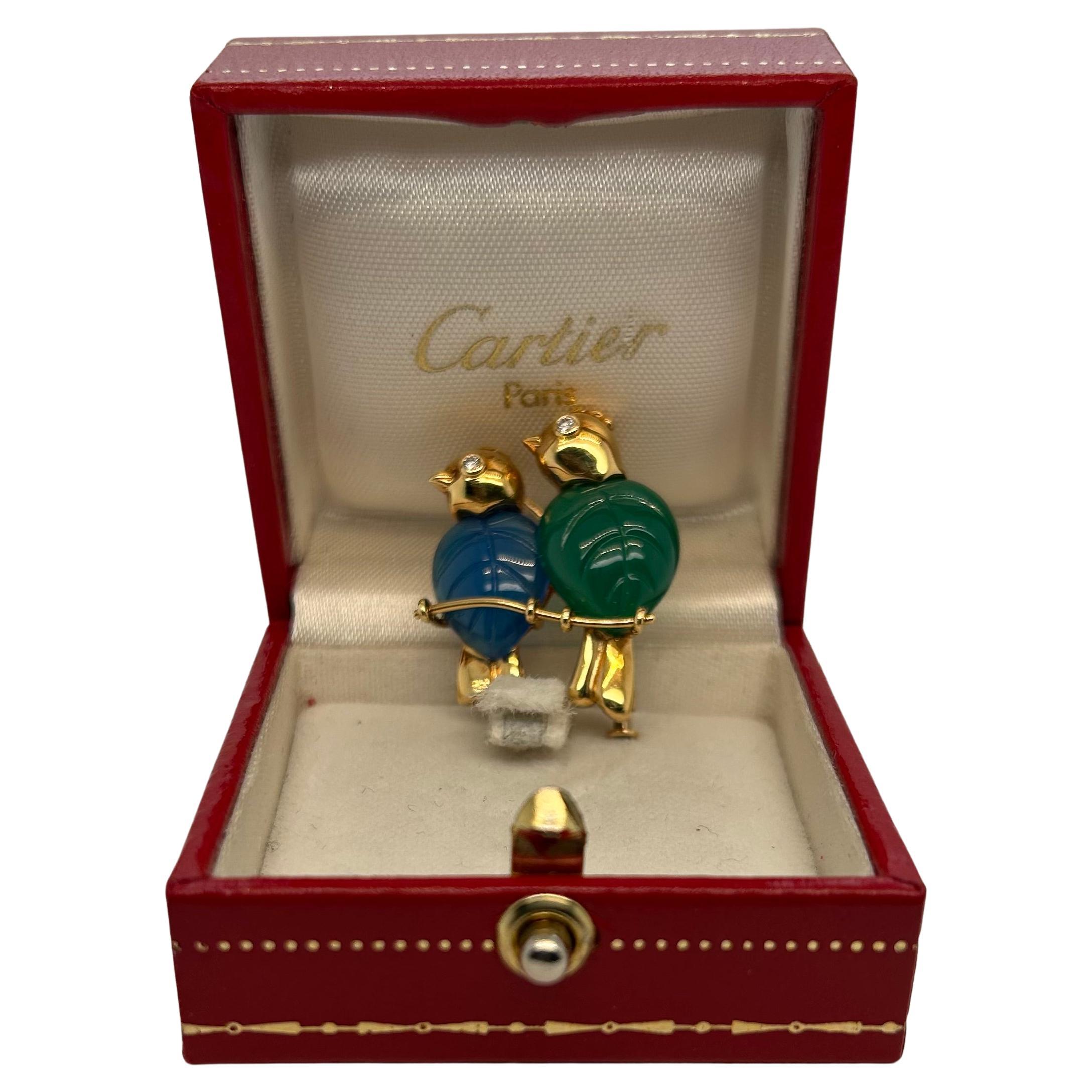 Cartier 1970s Green and Blue stone with diamond eyes bird brooch, 10.1 g, marked 18 Cartier #B-53023