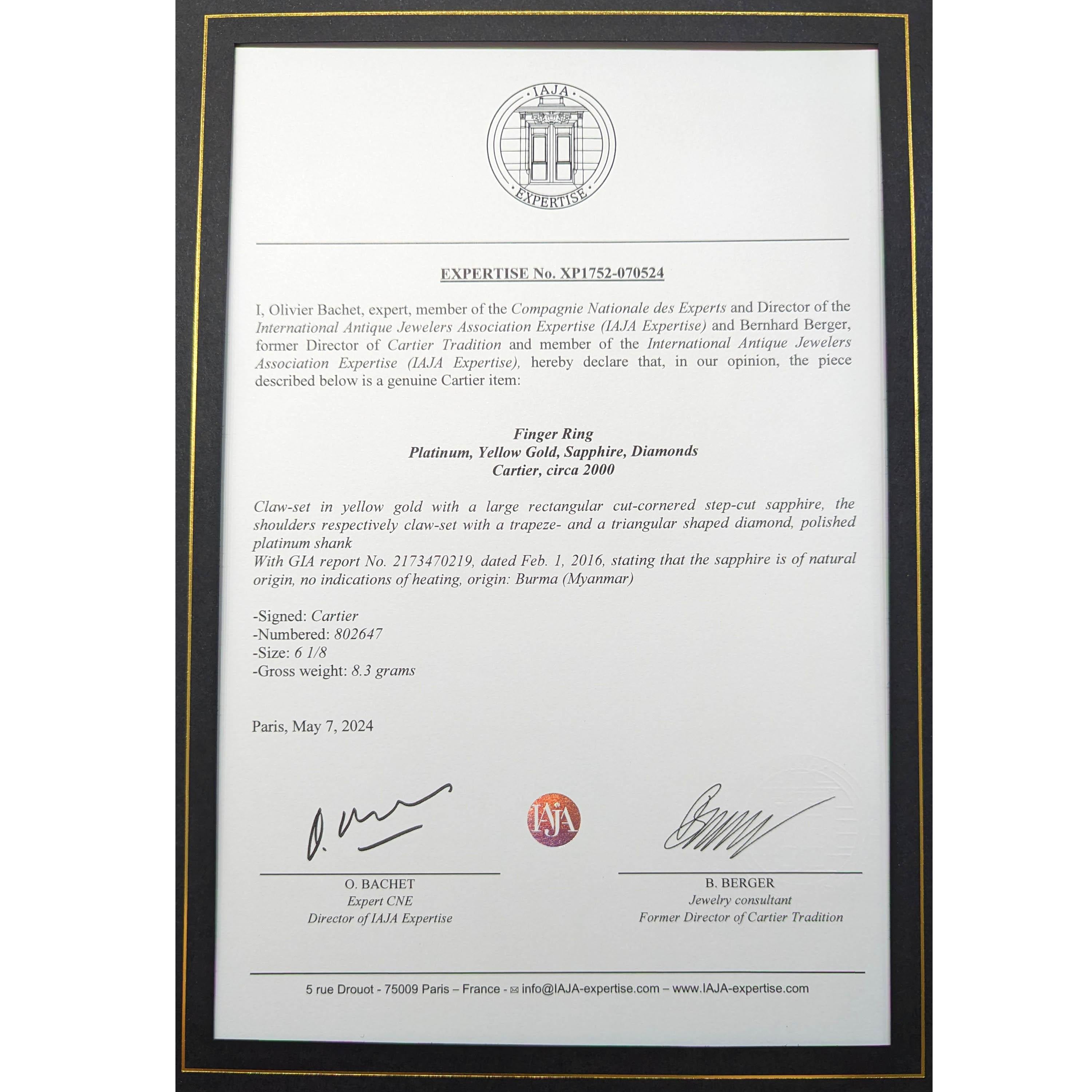 Cartier, bague en or et platine avec saphir de Birmanie certifié GIA de 7,51 carats et diamants en vente 8