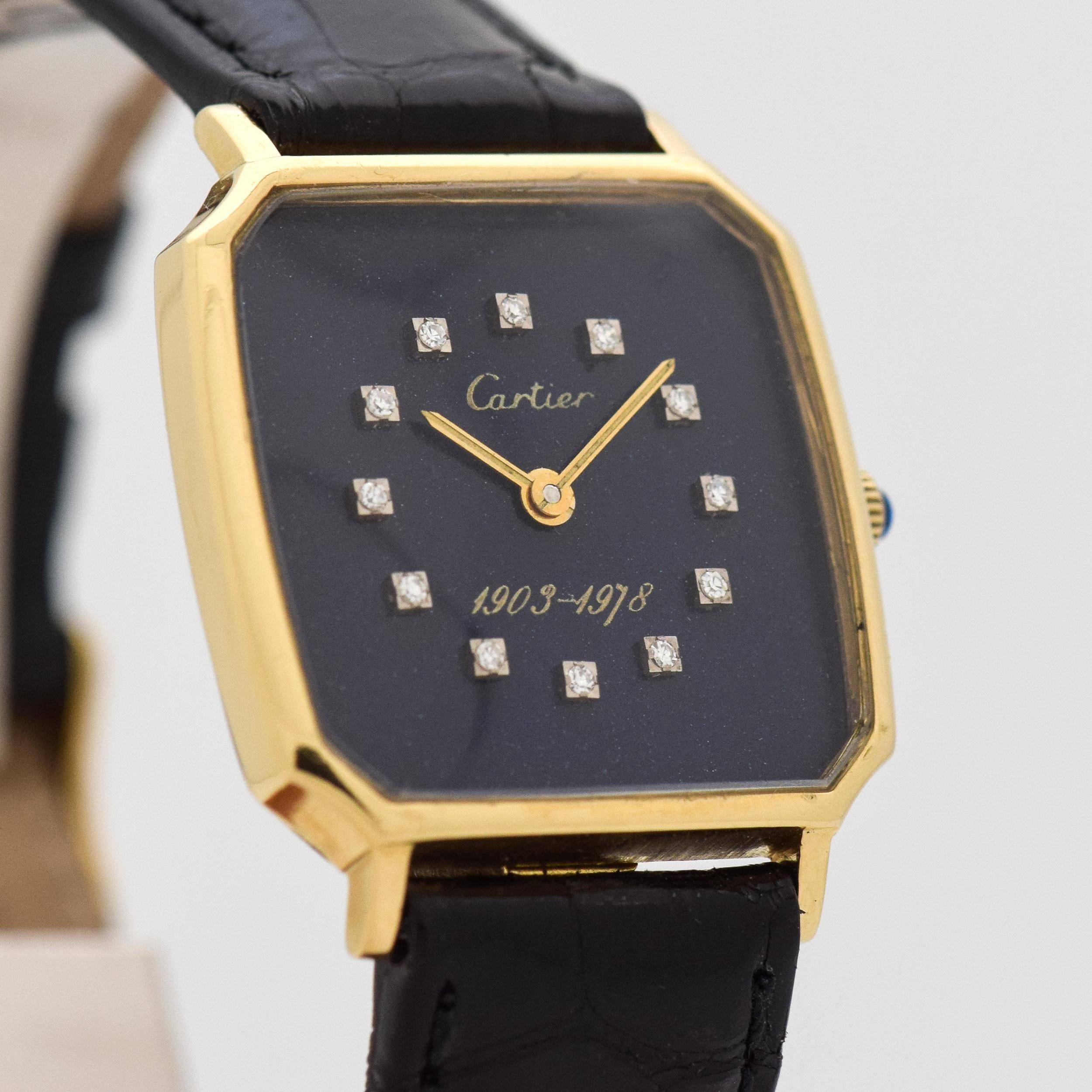 1978 Vintage Cartier 18k Yellow Gold Recognition of 75 Years of the Ford Motor Company watch Presented from Henry Ford to Employees with Original Blue Metallic Dial with Applied Square Diamond Markers. 27mm x 34mm lug to lug (1.06 in. x 1.34 in.) 17