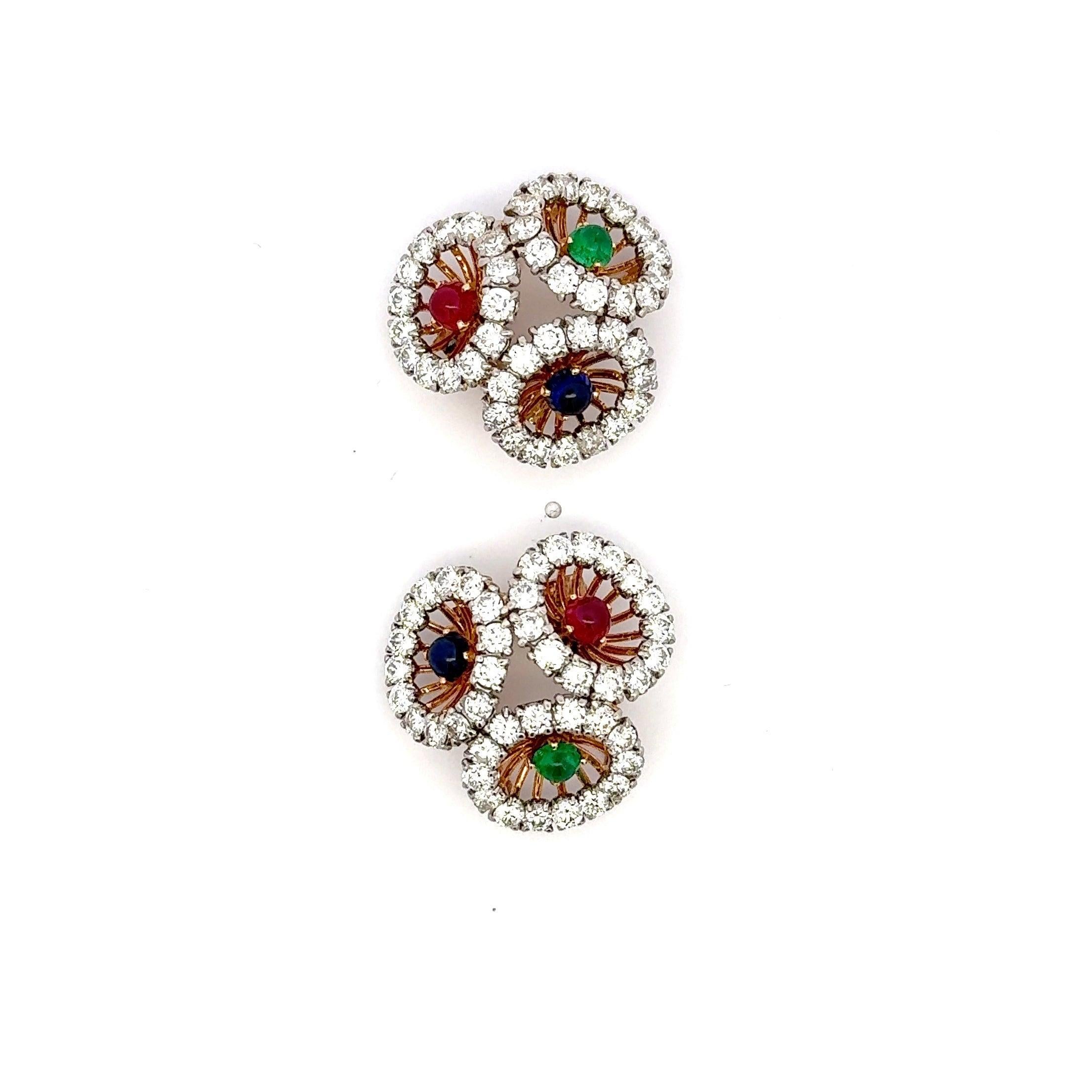Designer:
CARTIER


Title:
Cartier 9.00 Carat Round Brilliant H VS1 Diamond 0.30 Carat Emerald 0.30 Carat Ruby 0.30 Carat Sapphire 18 Karat Two Tone Gold Double Clip Brooch


Style:
Double Clip


Metal:
18 Karat Two Tone Gold


Gemstone 1:
0.3 Carat