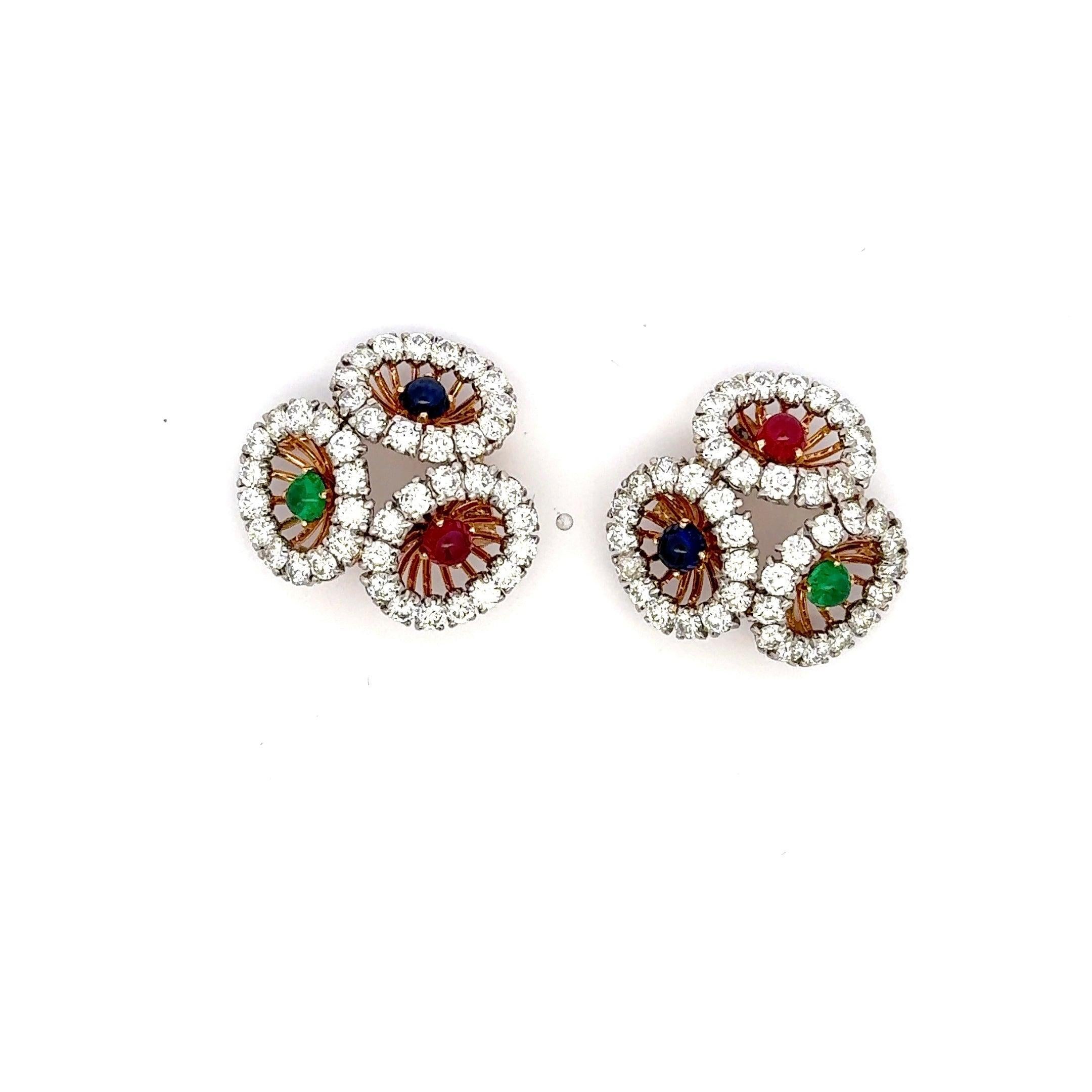 Round Cut Cartier 9.00 Carat Diamond 0.90 Carat Gemstones 18K Two Tone Gold Brooch Earring For Sale