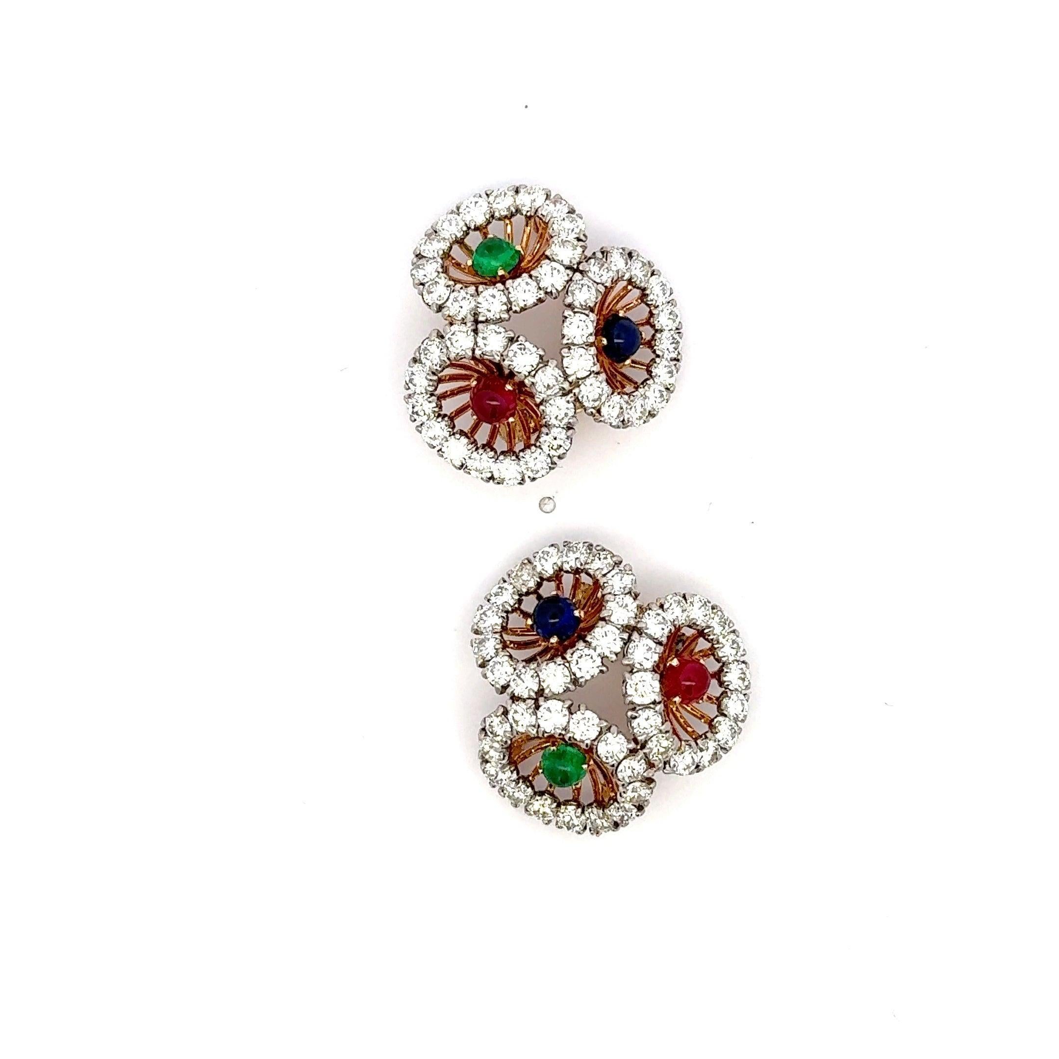 Cartier 9.00 Carat Diamond 0.90 Carat Gemstones 18K Two Tone Gold Brooch Earring In Good Condition For Sale In New York, NY