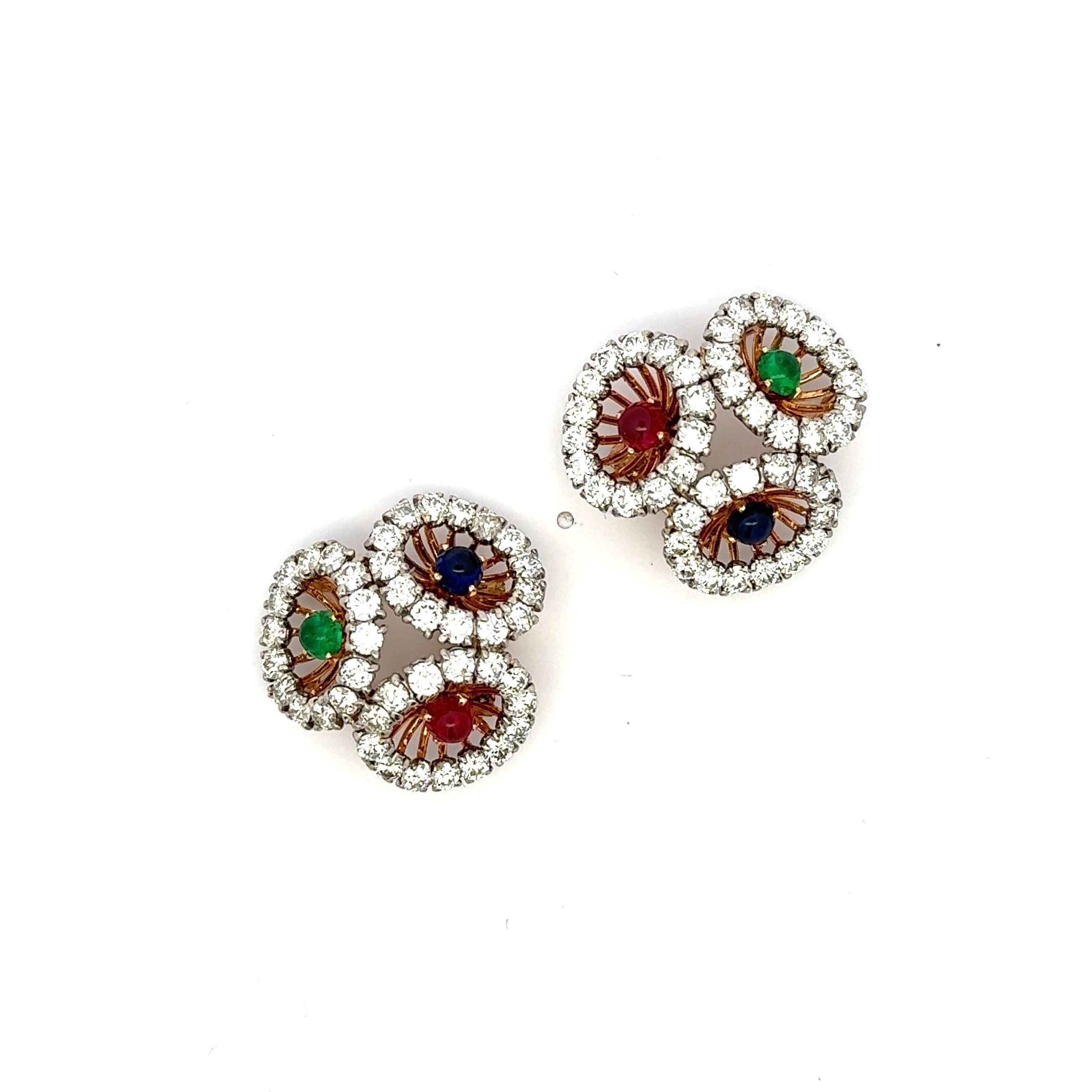 Women's Cartier 9.00 Carat Diamond 0.90 Carat Gemstones 18K Two Tone Gold Brooch Earring For Sale