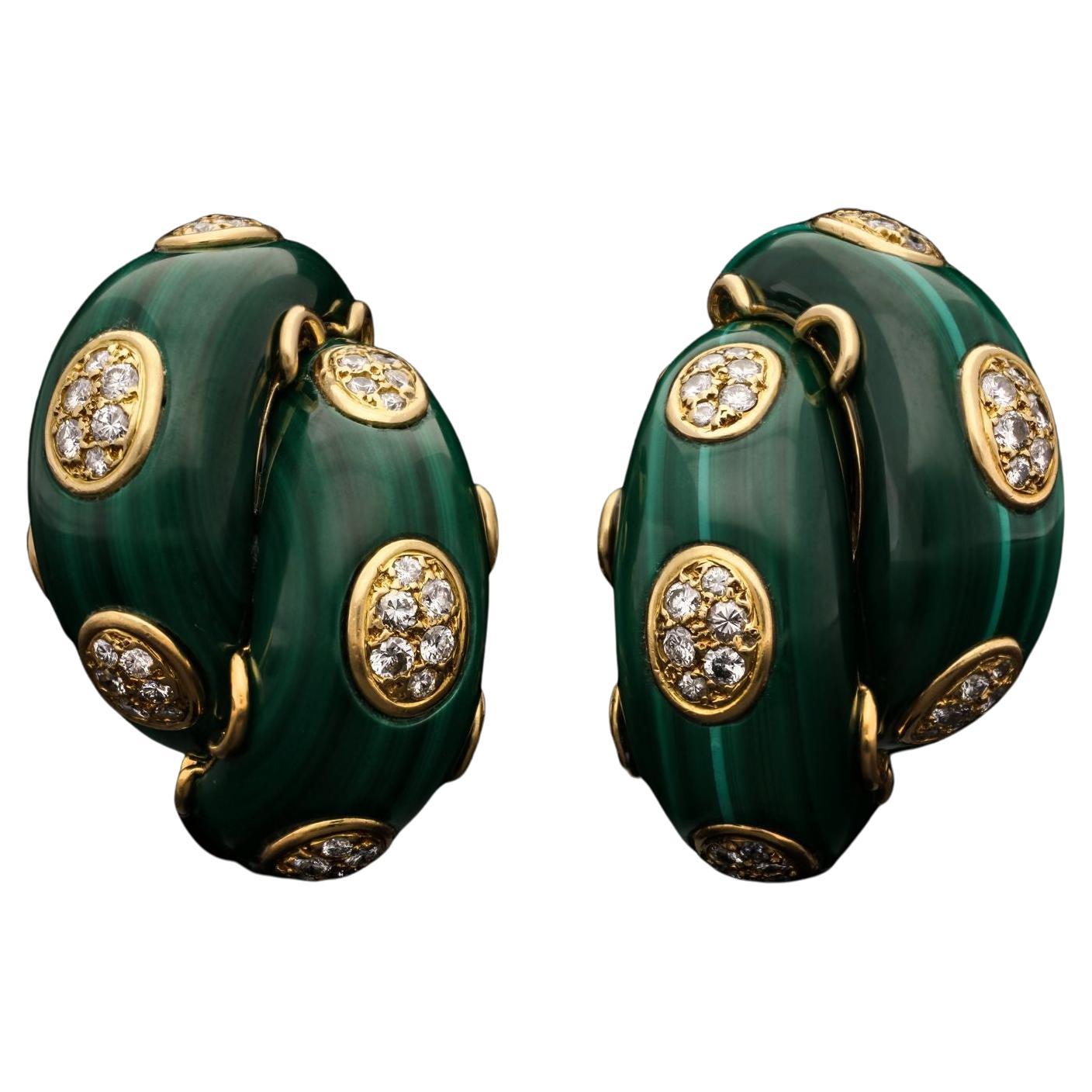 Cartier a Striking Pair of Vintage Malachite and Diamond Ear Clips, Circa 1970s