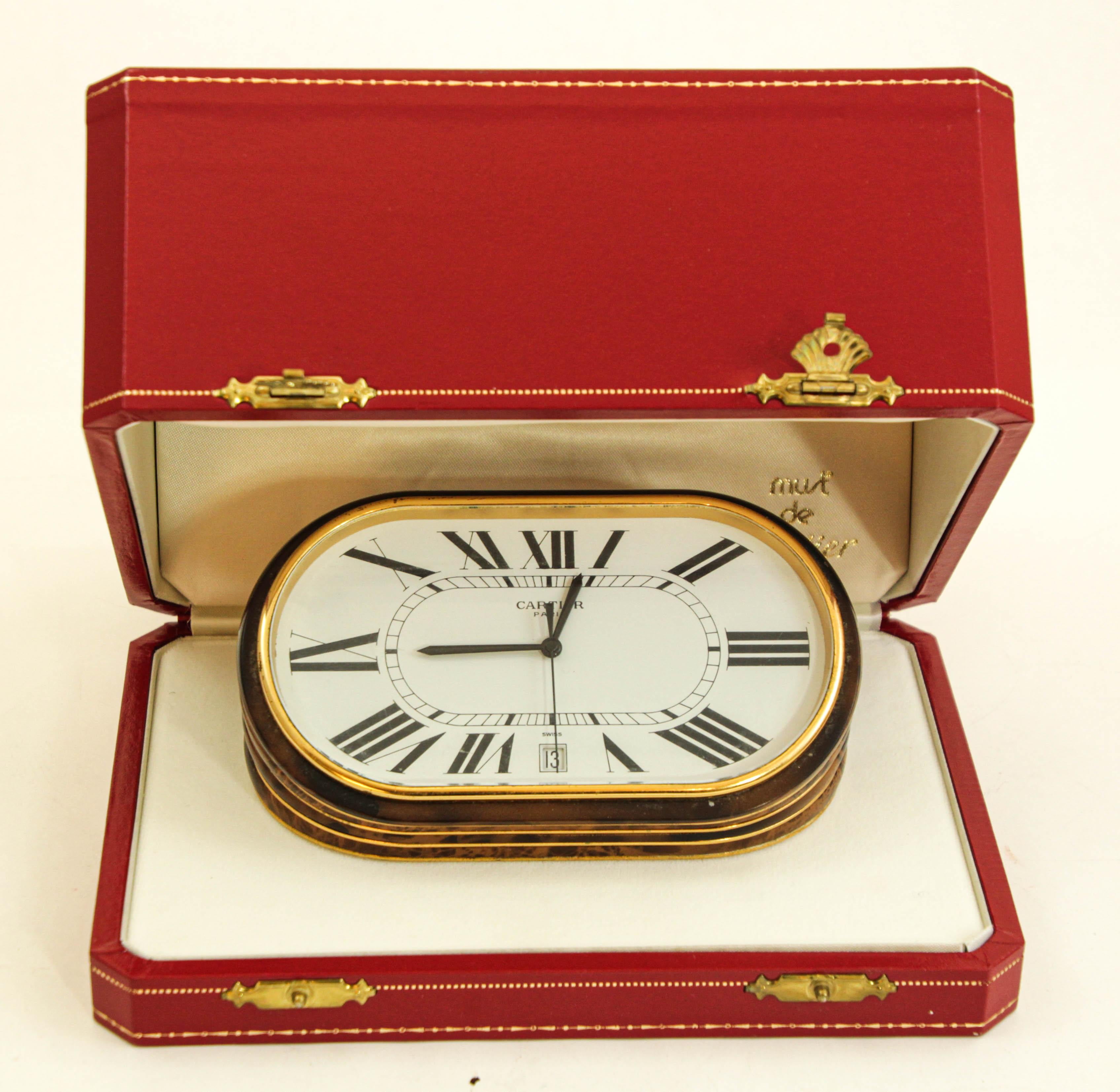 Cartier Accordion Clock with Date and White Roman Numeral Dial Circa 1980 For Sale 1