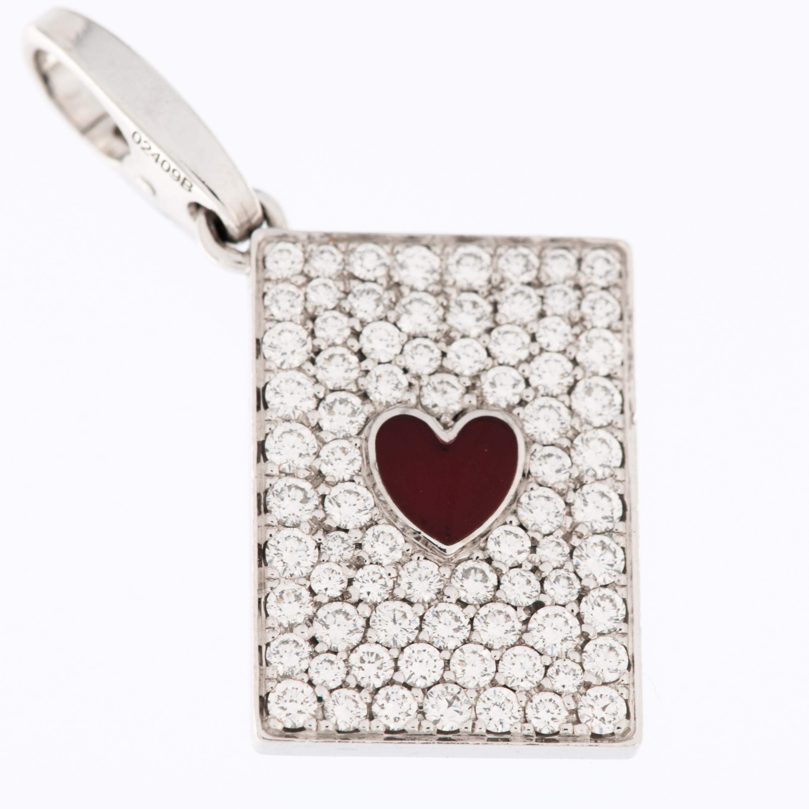 The Cartier Ace of Hearts Limited Edition Charm is a distinctive and exclusive piece that embodies the craftsmanship and elegance synonymous with the Cartier brand. 

The charm is shaped like the iconic Ace of Hearts playing card, featuring the