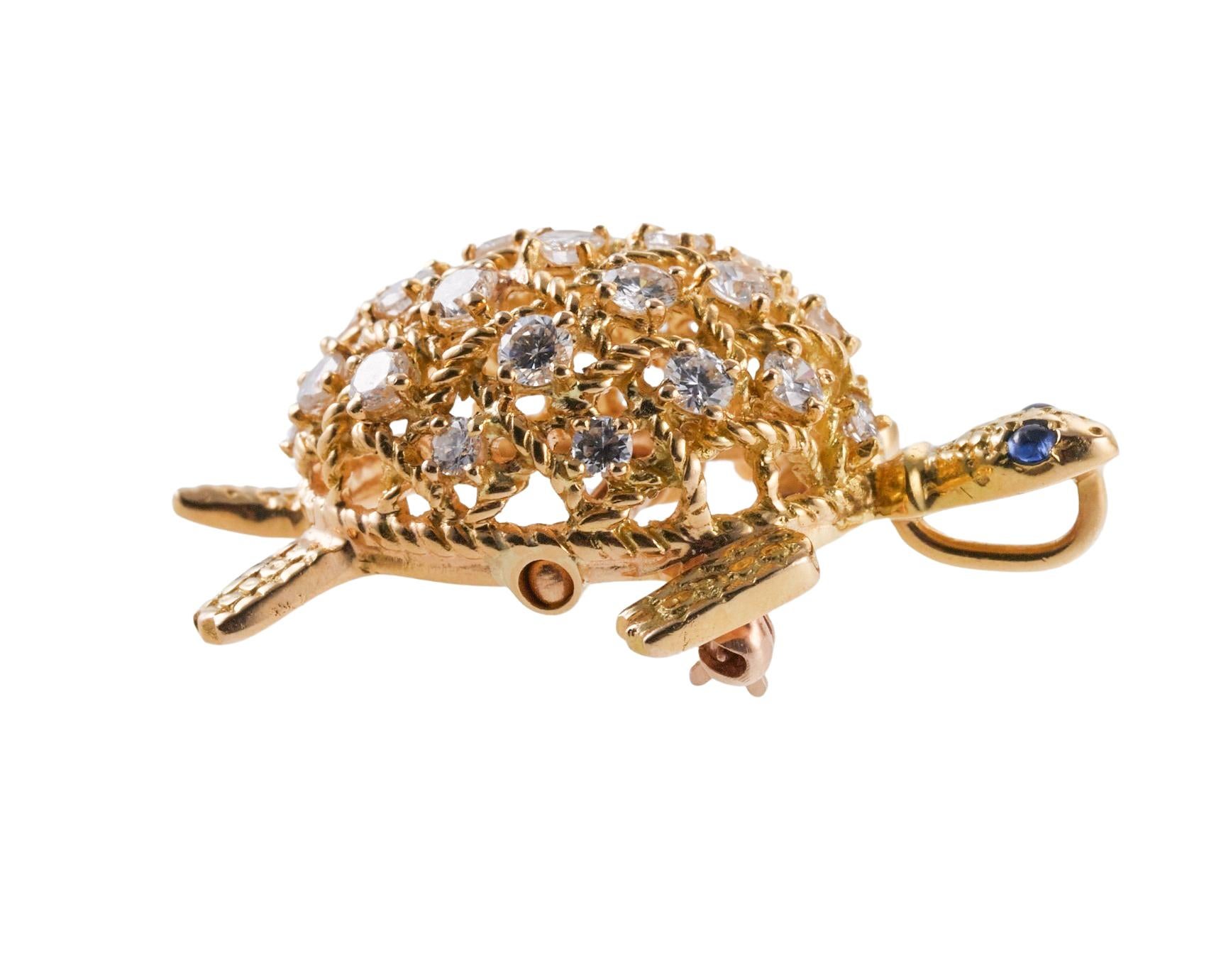 Women's or Men's Cartier Adorable Diamond Sapphire Gold Turtle Brooch  For Sale