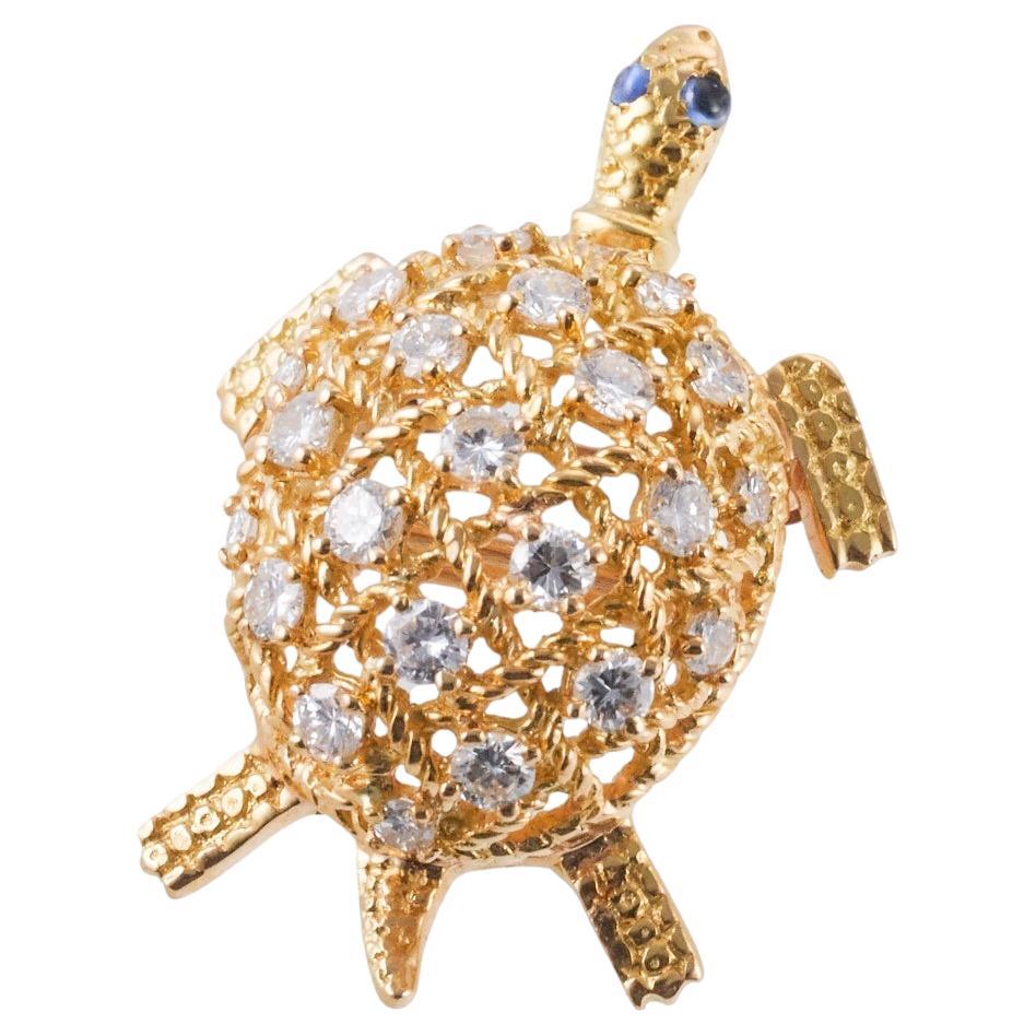 Cartier Adorable Diamond Sapphire Gold Turtle Brooch  For Sale
