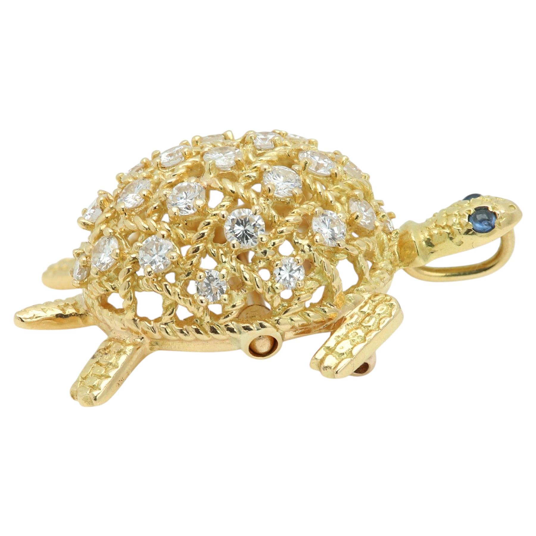 Vintage Cartier Turtle Brooch Pendant 18k Gold Diamond Sapphire Pin