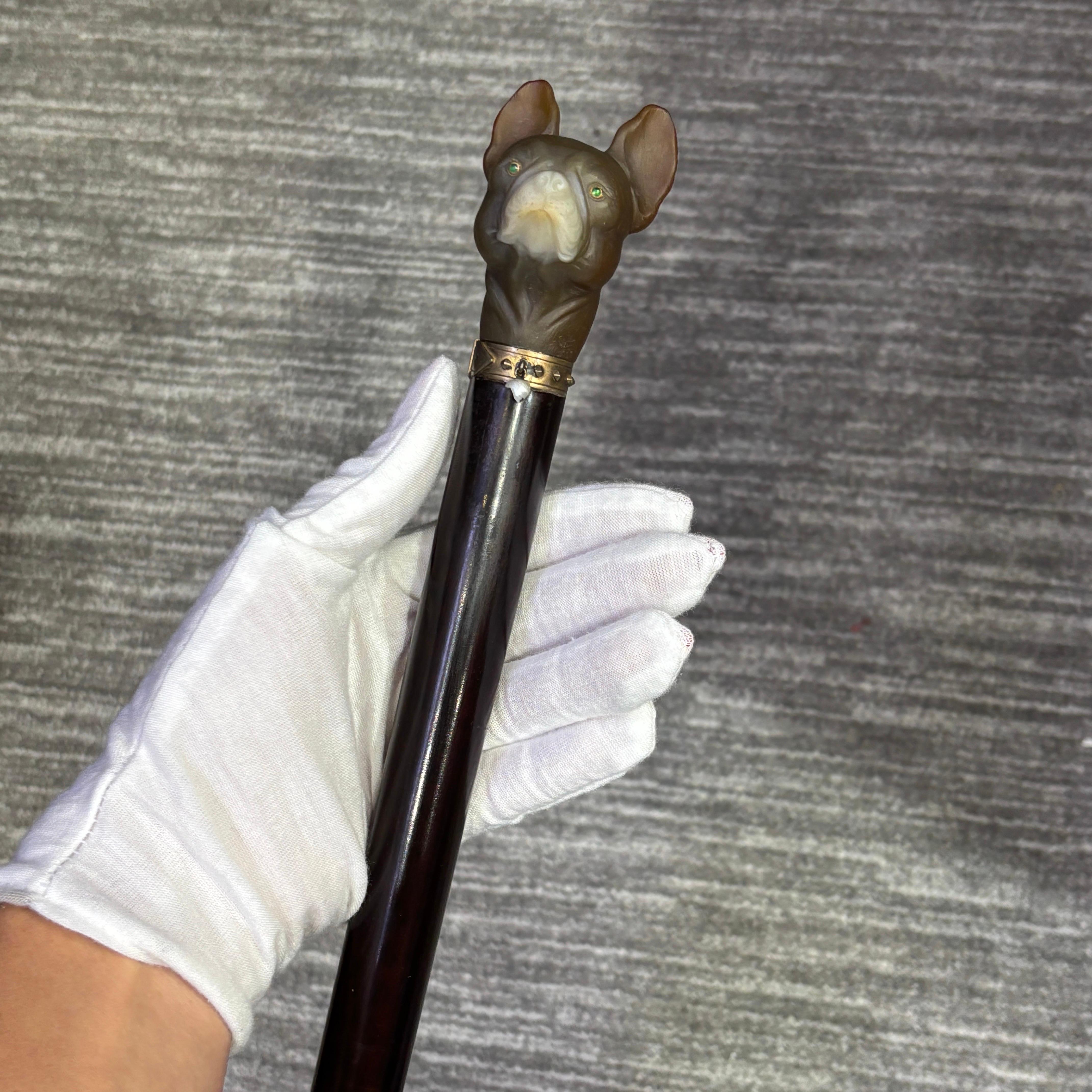 Taille ronde Canne de bouledogue en agate et perle de Cartier en vente