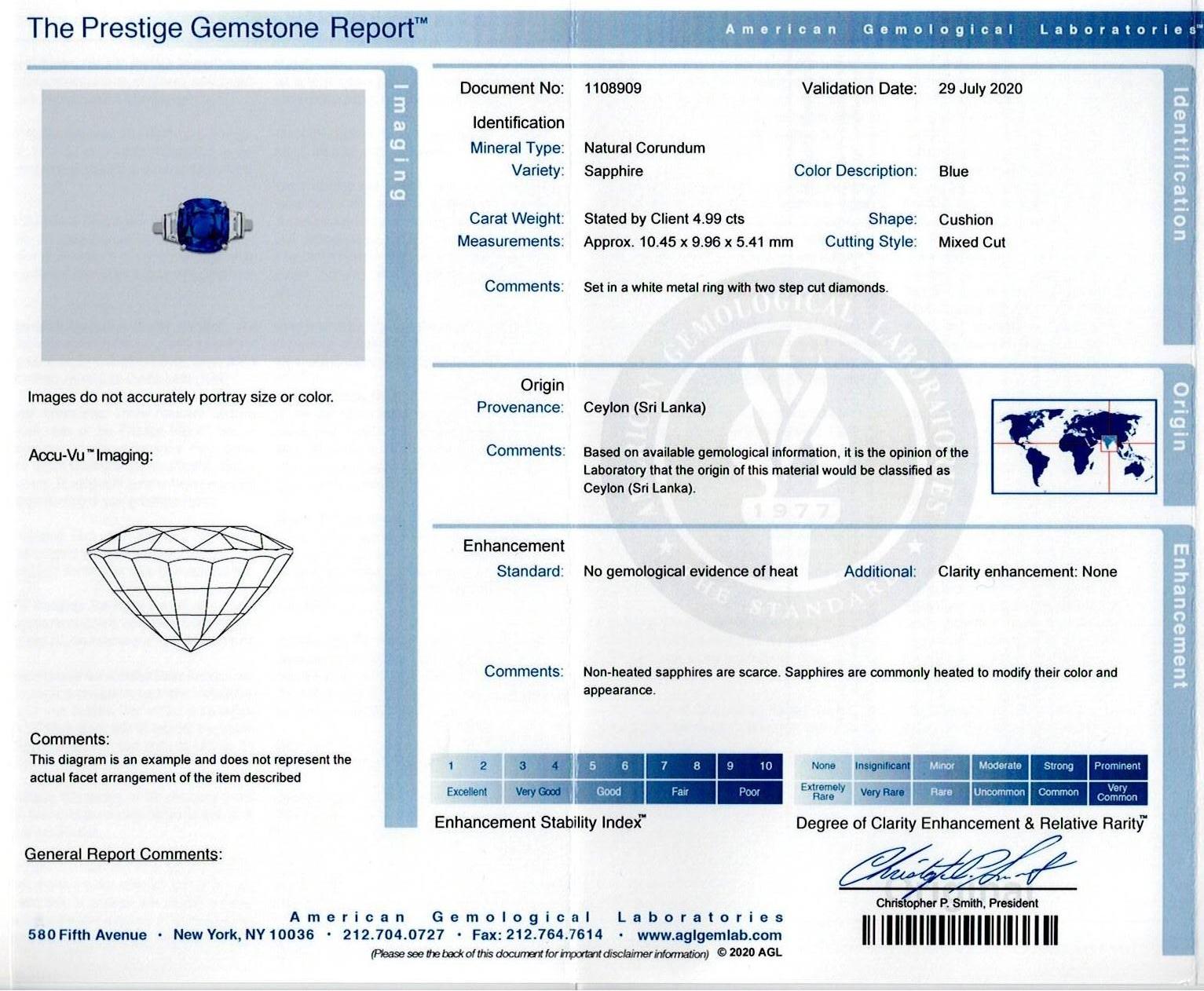 Cartier Verlobungsring mit drei Steinen, AGL-zertifizierter 4,99 Karat unbehandelter blauer Saphir  im Angebot 1