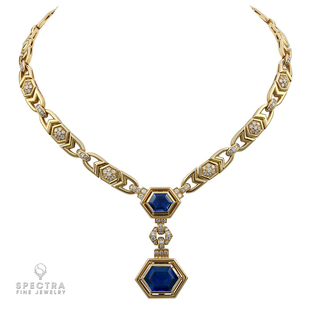 Hexagon Cut Cartier AGL Certified Ceylon Blue Sapphire Diamond Necklace, circa 1980s For Sale