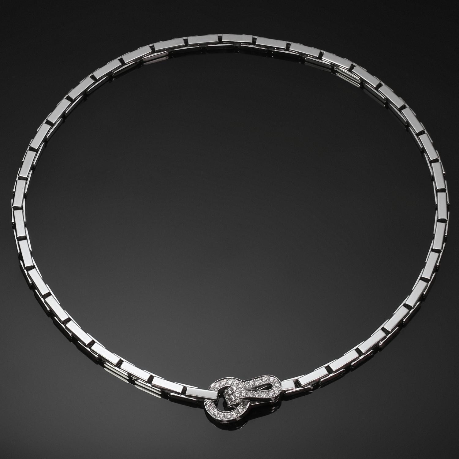 This iconic Cartier necklace is crafted in 18k white gold and set with round brilliant-cut D-F VVS1-VVS2 diamonds weighing an estimated 1.0 carat. Cartier's Agrafe collection is inspired by Haute Couture fashion with its central element being the