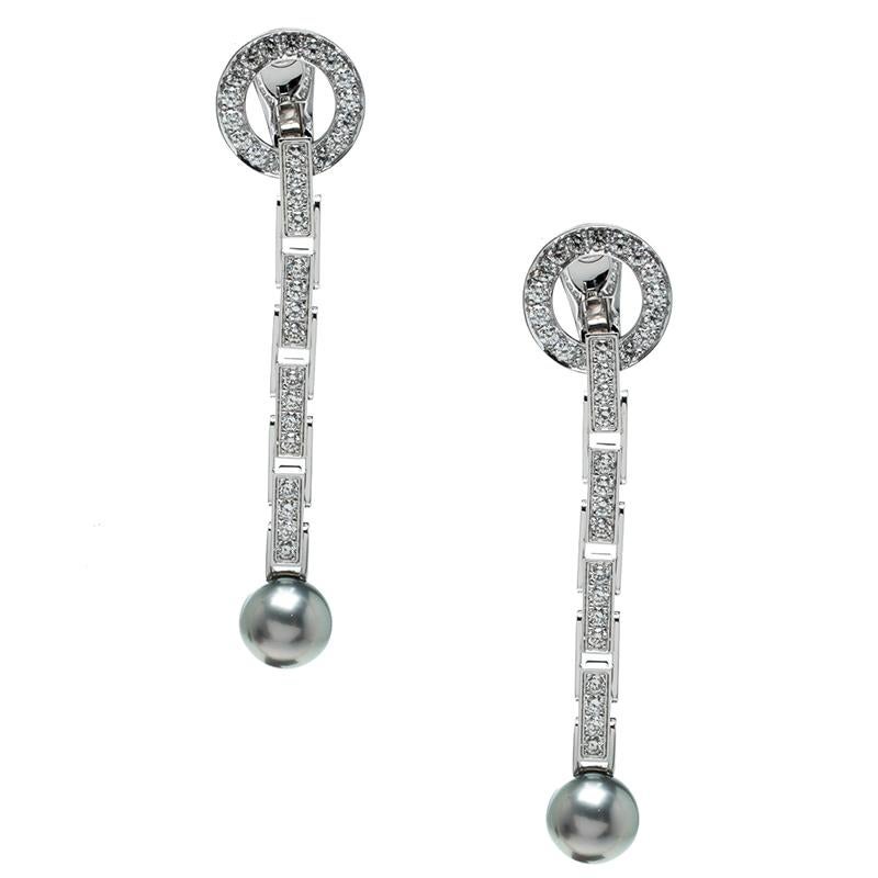 Contemporary Cartier Agrafe Diamond Grey Pearl 18k White Gold Long Drop Earrings
