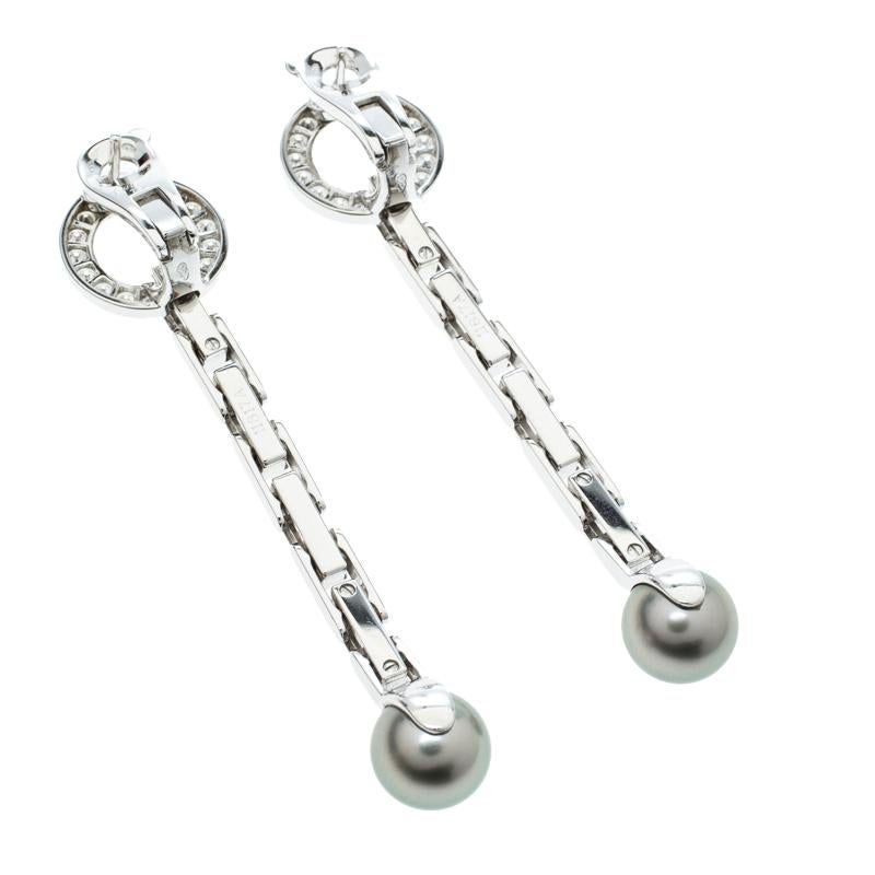 Women's Cartier Agrafe Diamond Grey Pearl 18k White Gold Long Drop Earrings