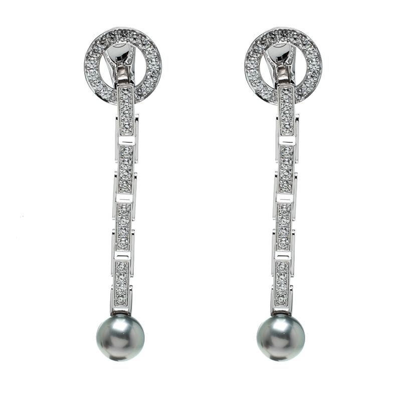 Cartier Agrafe Diamond Grey Pearl 18k White Gold Long Drop Earrings