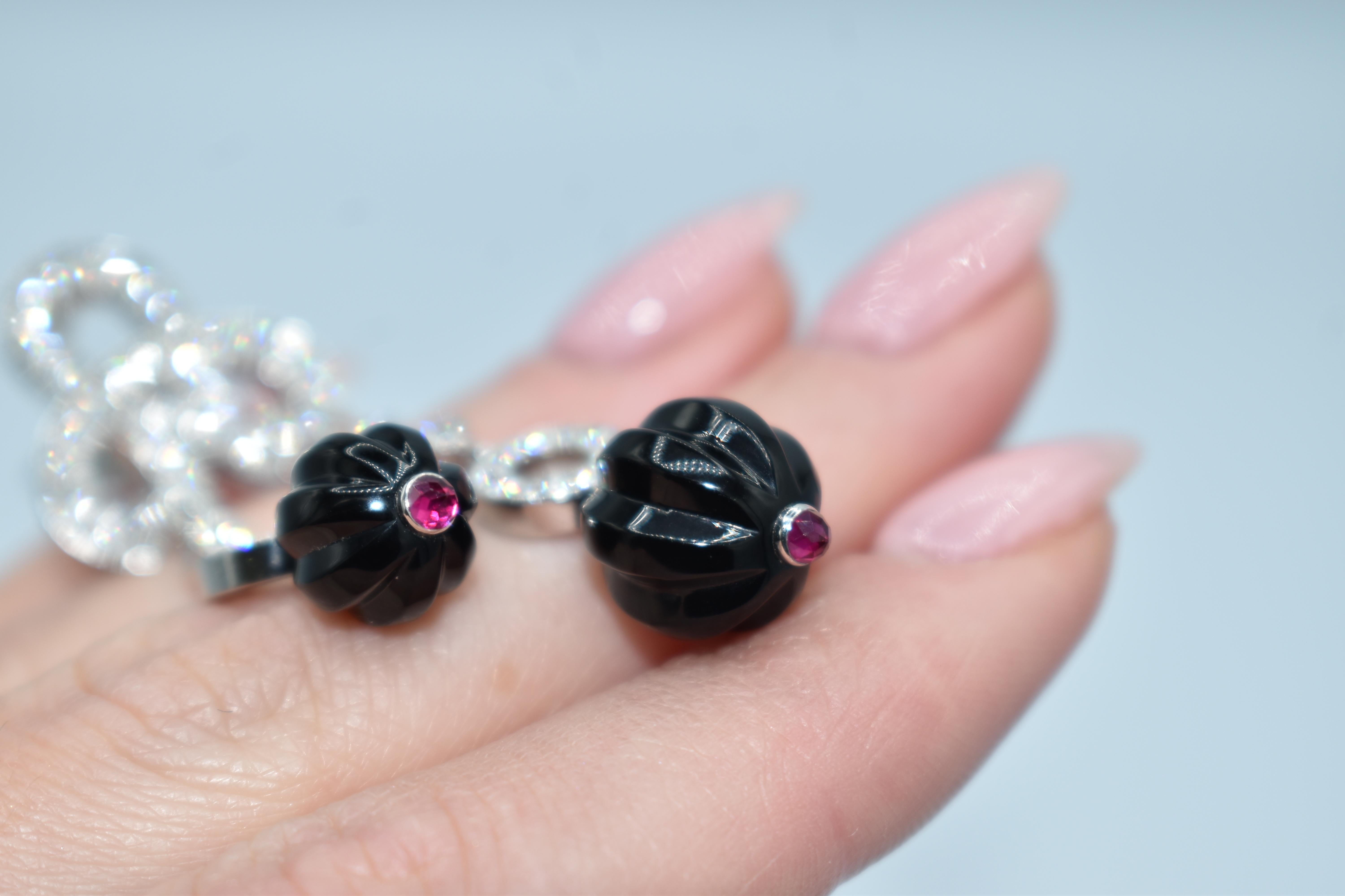 Art Deco Cartier Agrafe Diamond Onyx 18ct White Gold Long Earrings