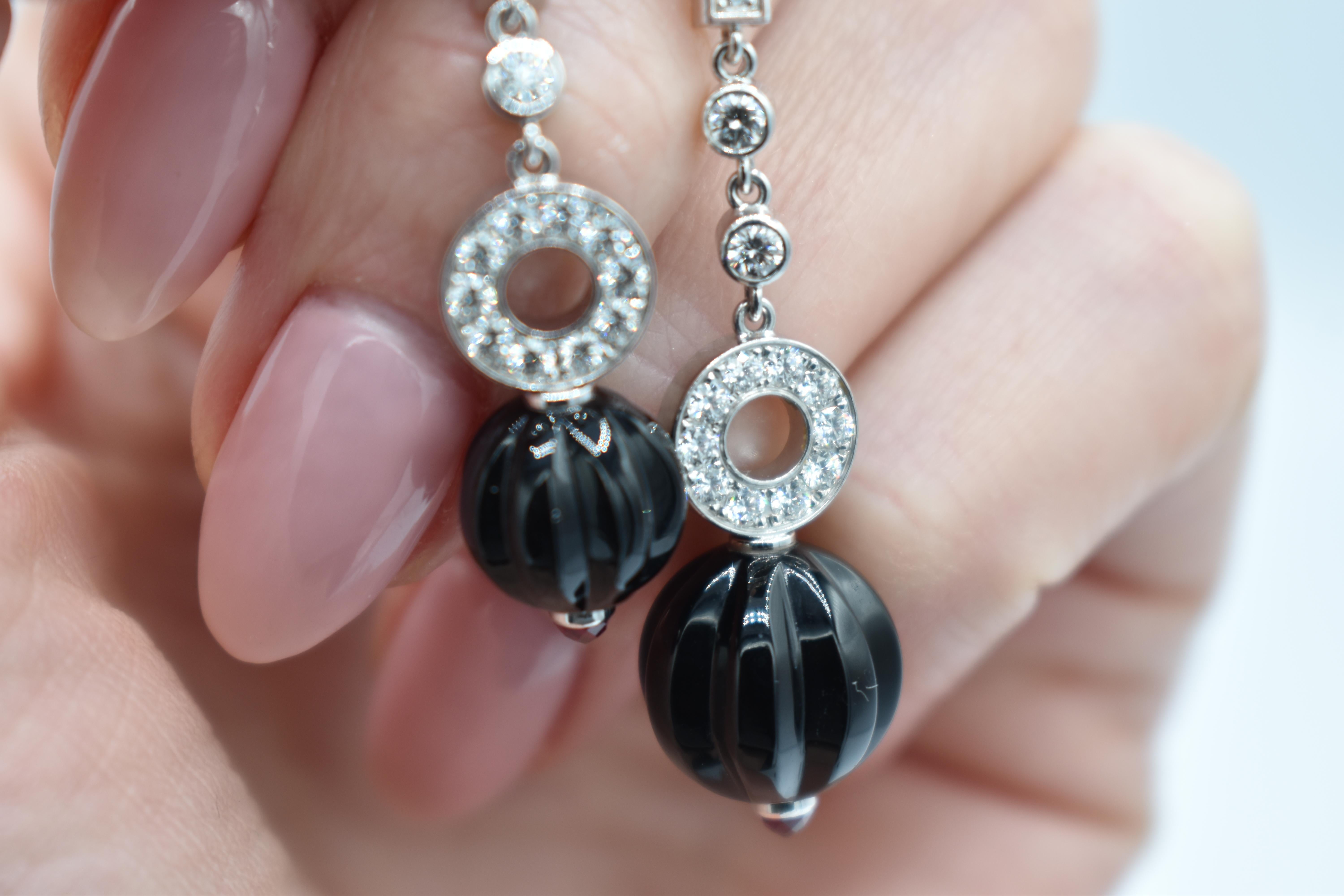 Brilliant Cut Cartier Agrafe Diamond Onyx 18ct White Gold Long Earrings