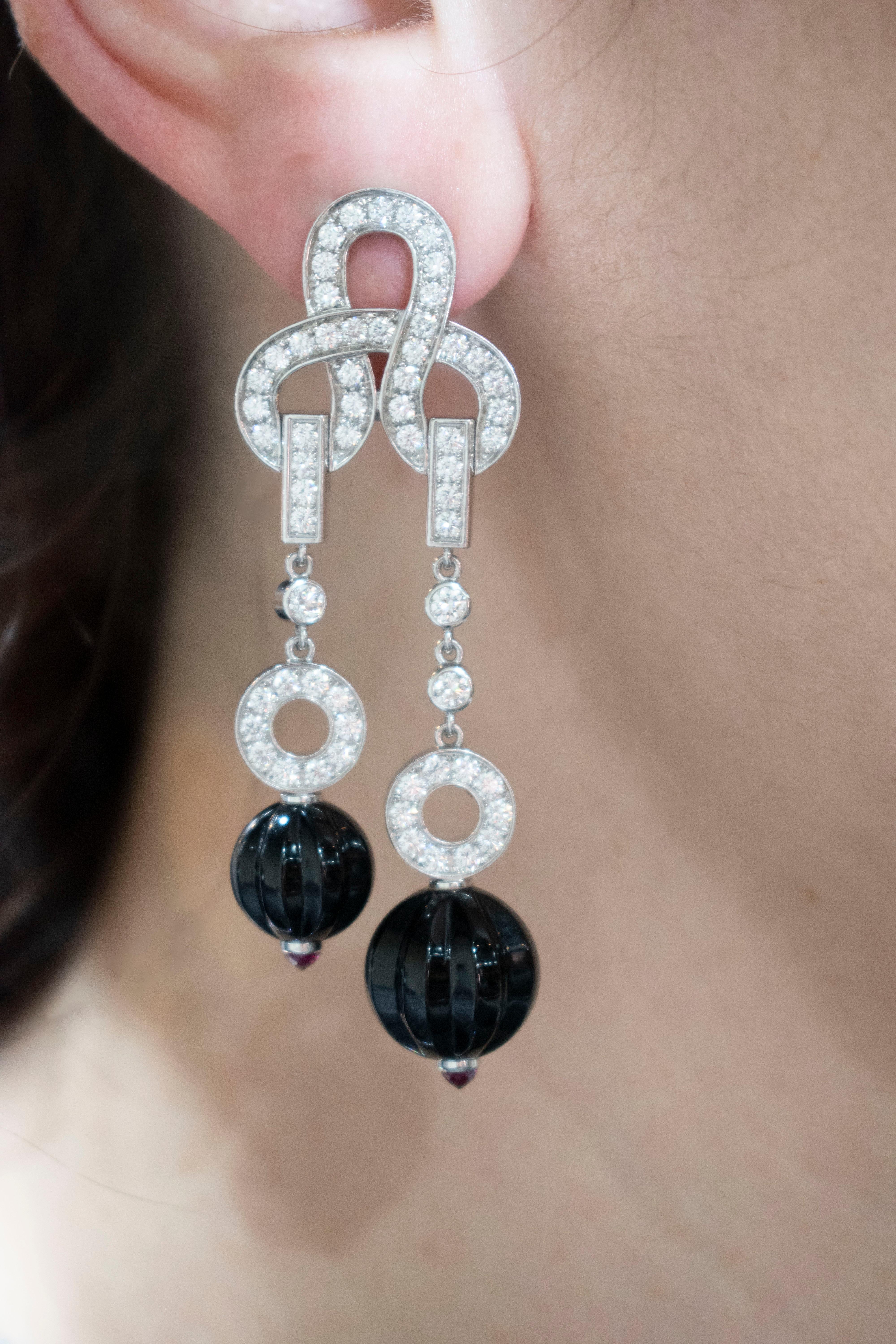 Cartier Agrafe Diamond Onyx 18ct White Gold Long Earrings 1