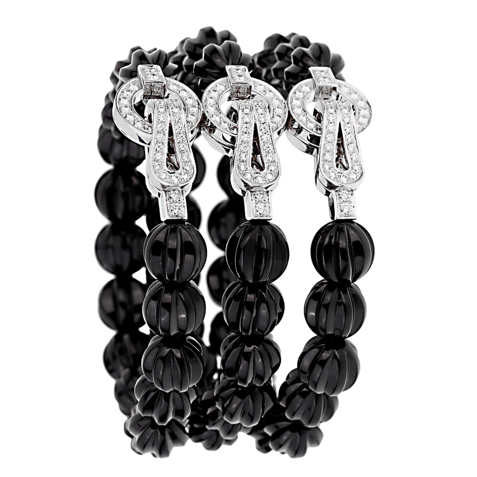 Round Cut Cartier Agrafe Diamond Onyx 18k White Gold Bracelet For Sale
