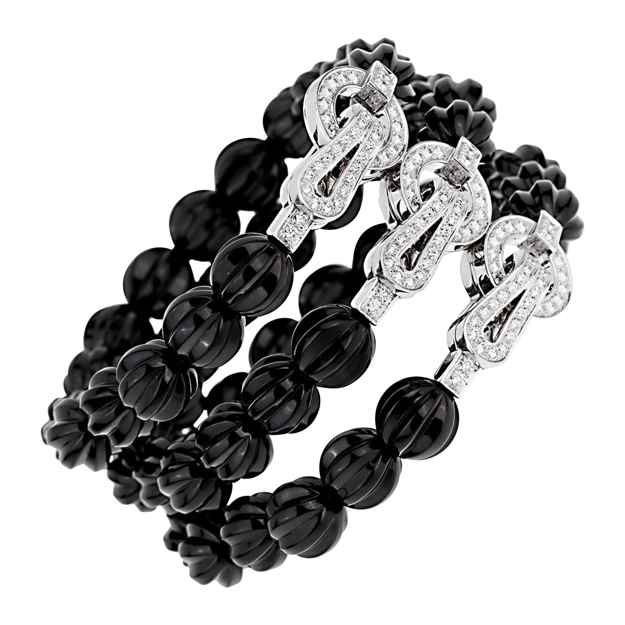 Cartier Agrafe Diamond Onyx 18k White Gold Bracelet For Sale