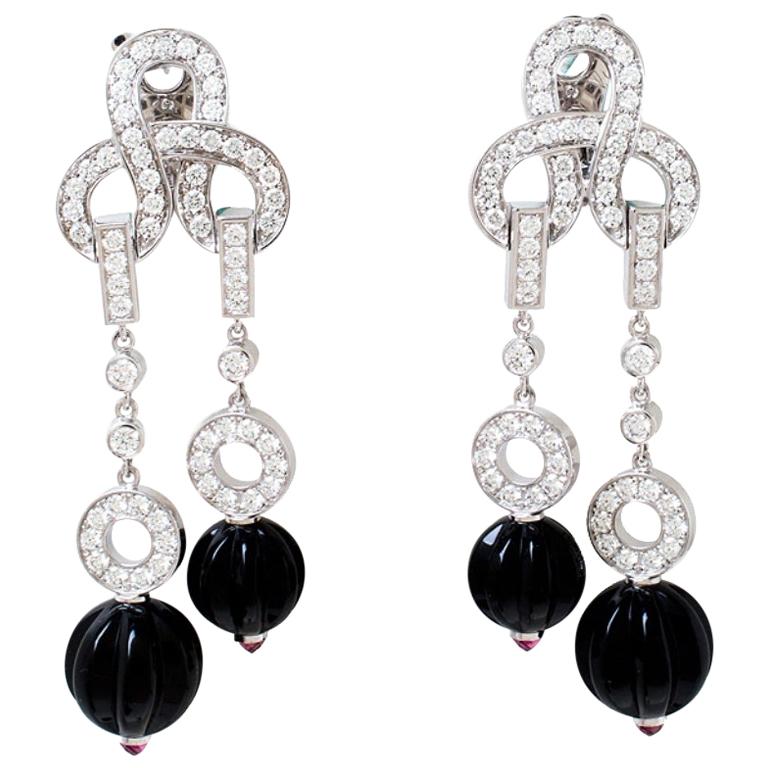 Cartier Agrafe Diamond Onyx 18k White Gold Long Earrings For Sale at ...