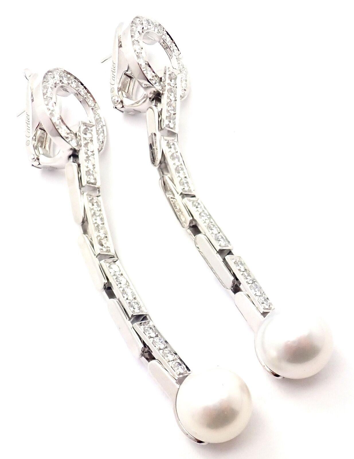 Cartier Agrafe Diamond Pearl White Gold Drop Earrings 1