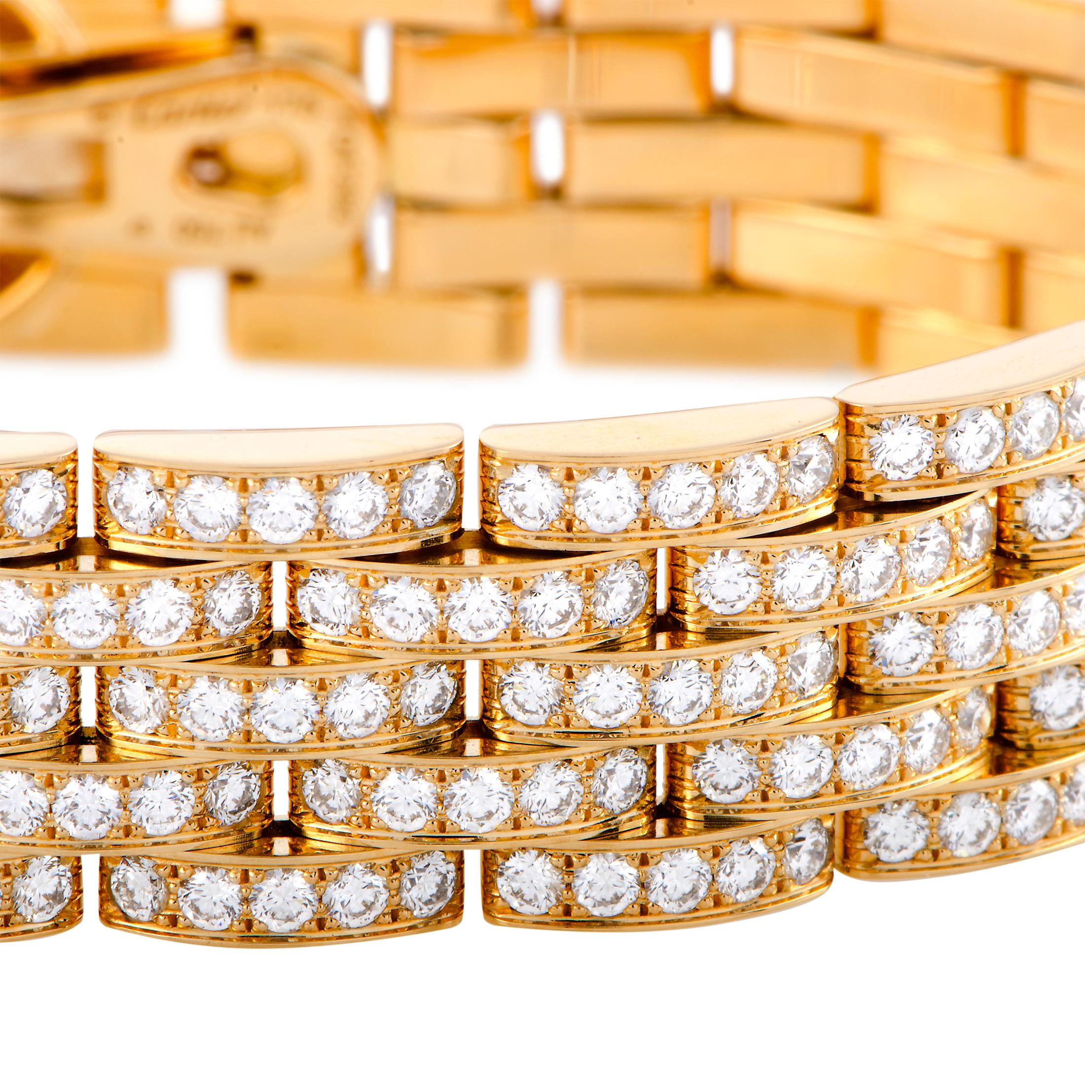 The Cartier “Agrafe” bracelet is crafted from 18K rose gold and set with a total of 9.90 carats of diamonds that boast grade E color and VVS clarity. The bracelet weighs 76.1 grams and measures 7.50” in length.

This jewelry piece is offered in