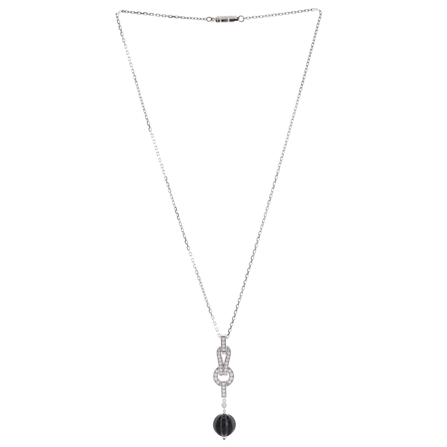 Cartier Agrafe Drop Pendant Necklace 18K White Gold with Diamonds, Onyx In Good Condition For Sale In New York, NY