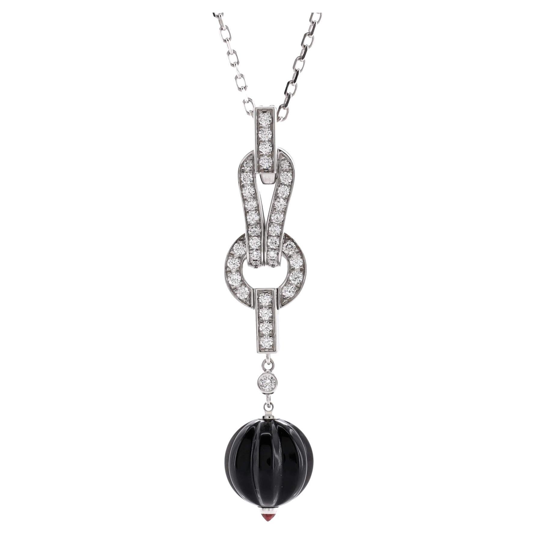 Cartier Agrafe Drop Pendant Necklace 18K White Gold with Diamonds, Onyx For Sale