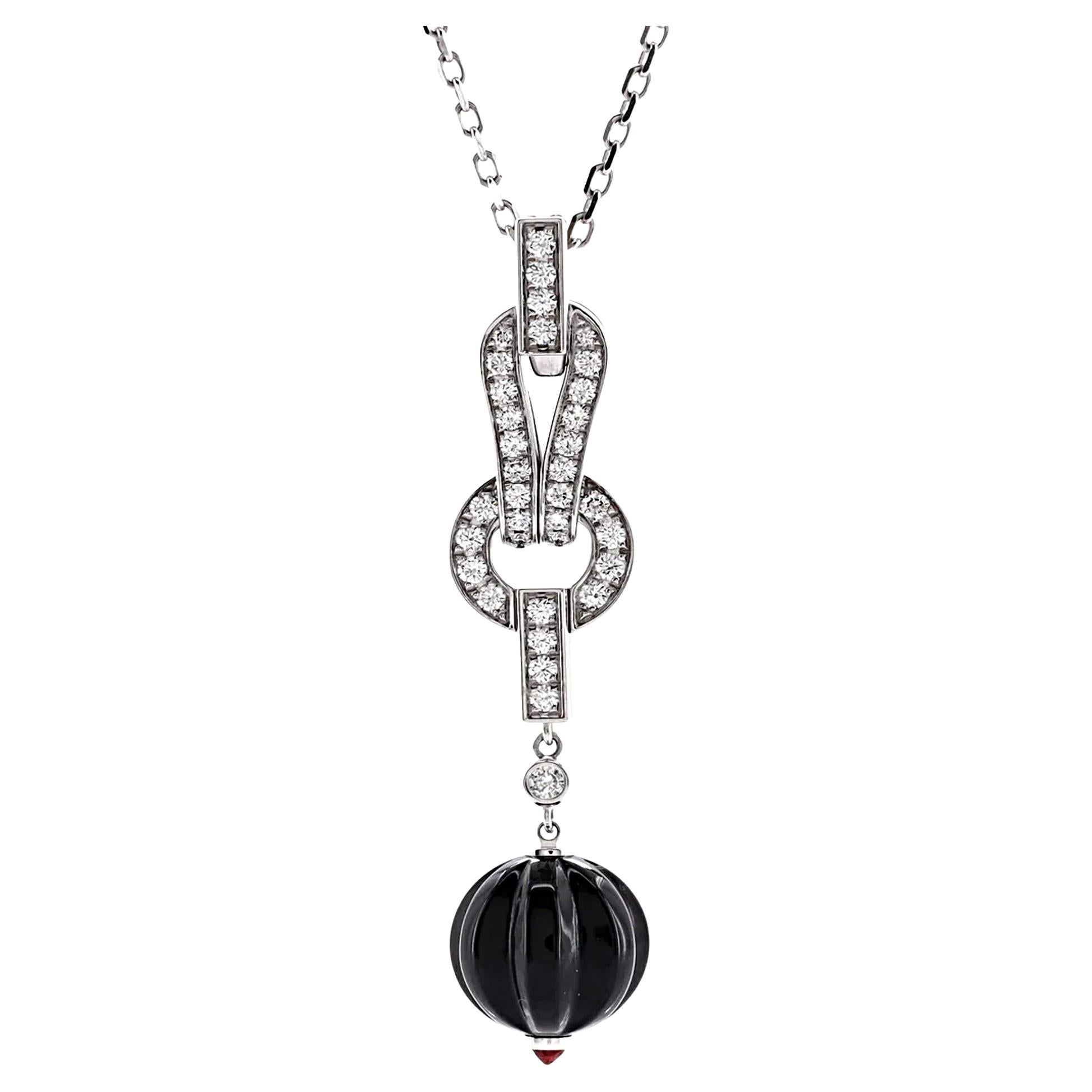 Collier Cartier Agrafe Onyx Diamant Pendentif Or Blanc 18k
