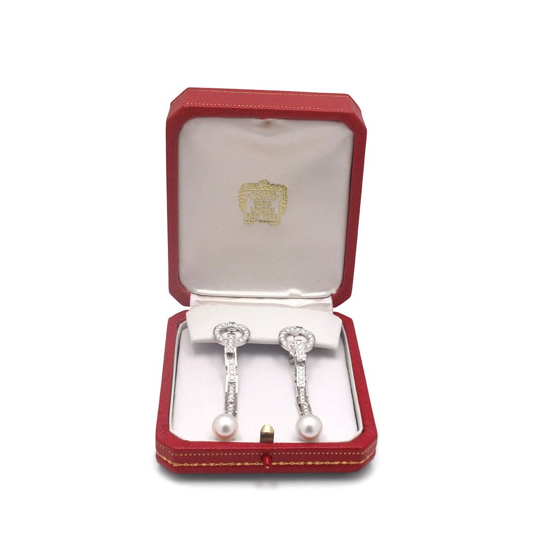 Round Cut Cartier Agrafe White Gold Diamond Pearl Earrings