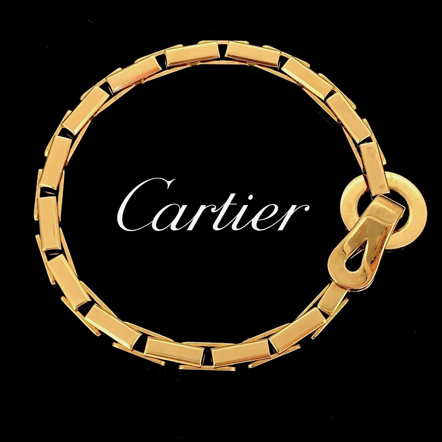 This vintage bracelet is from the Agrafe collection, made by Cartier. The clasp is actually looks like an “Agrafe” as it means in French a hook clasp. The gold is smooth and shiny, very confortable to wear. The clasp is signed Cartier and numbered.
