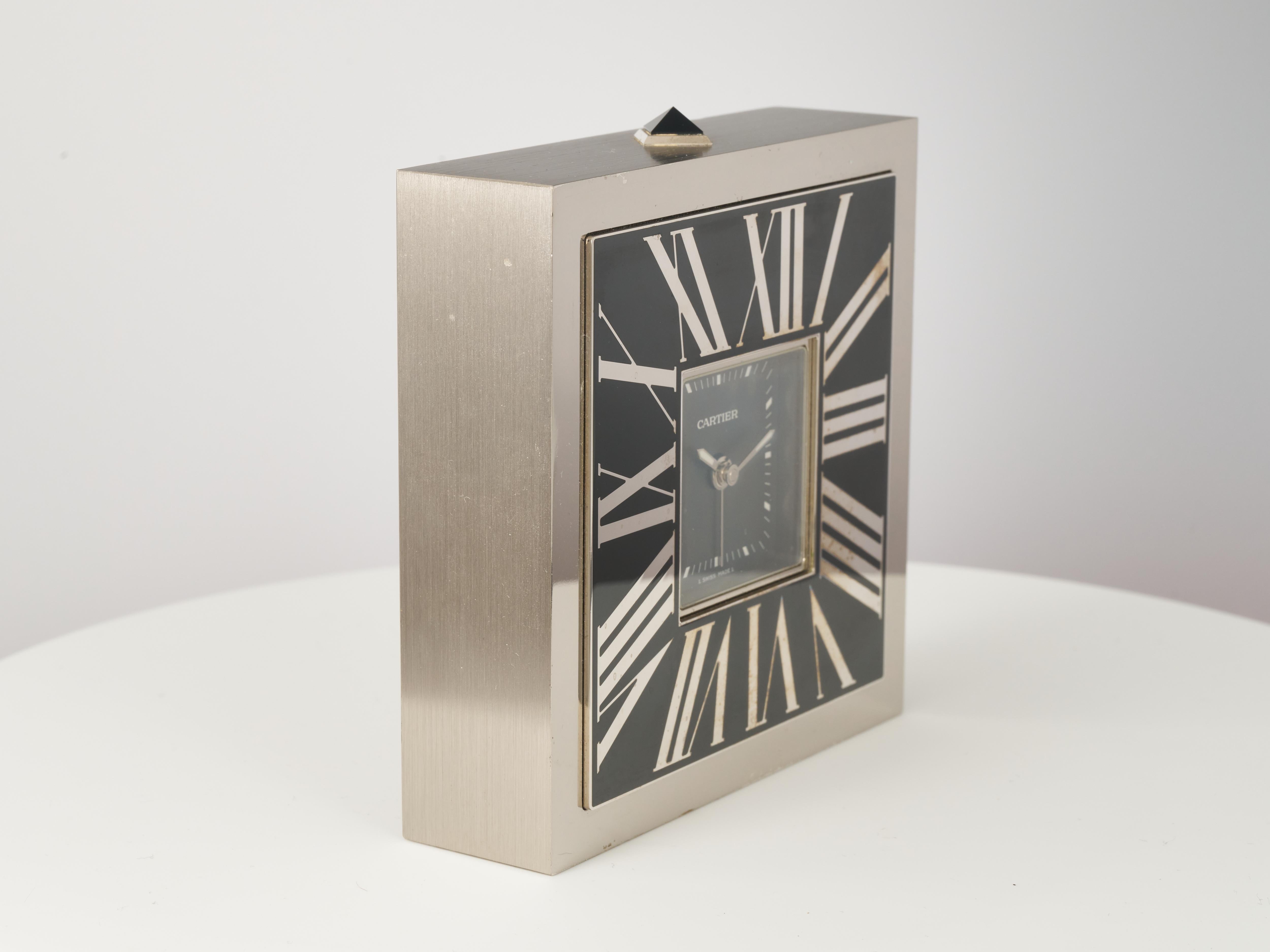 Cartier Alarm Clock Desk Mantle Limited Edition Art Deco Steel Enamel 2747 In Good Condition In London, GB