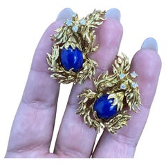 CARTIER ALDO CIPULLO 18k Yellow Gold, Lapis & Diamond Brutalist Earrings 1970s d
