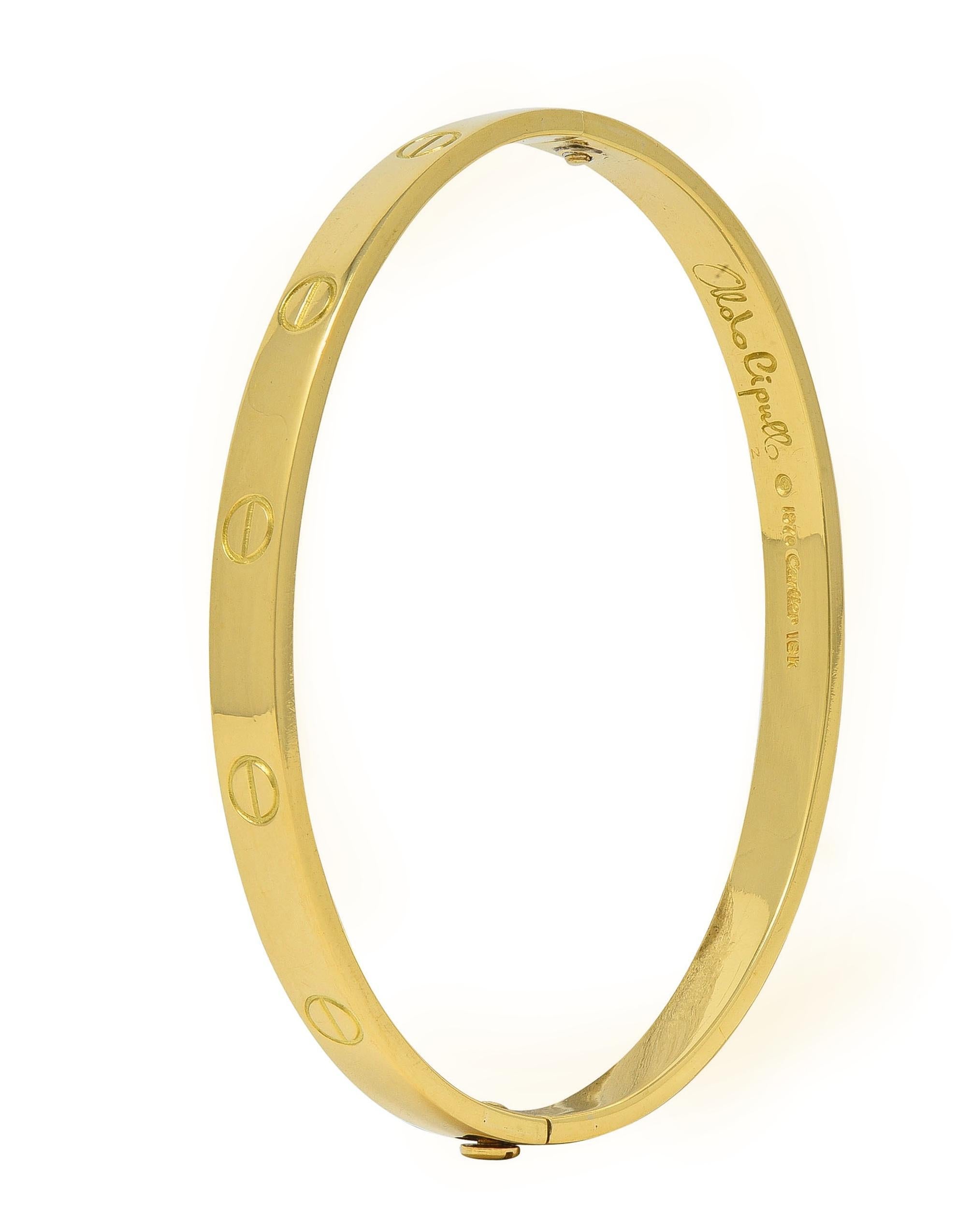 Women's or Men's Cartier Aldo Cipullo 1970 18 Karat Yellow Gold Vintage Love Bangle Bracelet For Sale