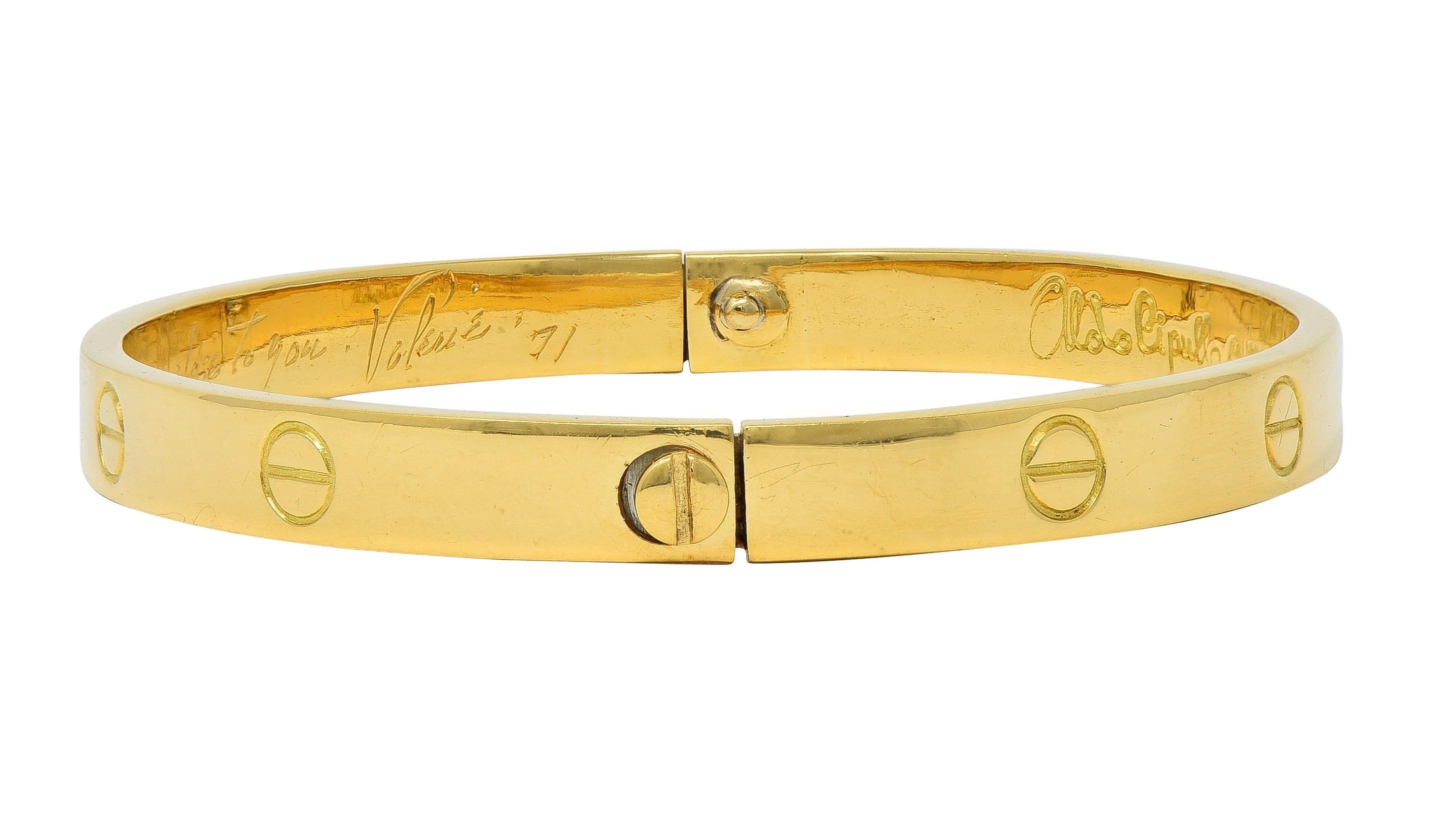 Cartier Aldo Cipullo 1970 18 Karat Yellow Gold Vintage Love Bangle Bracelet For Sale 1