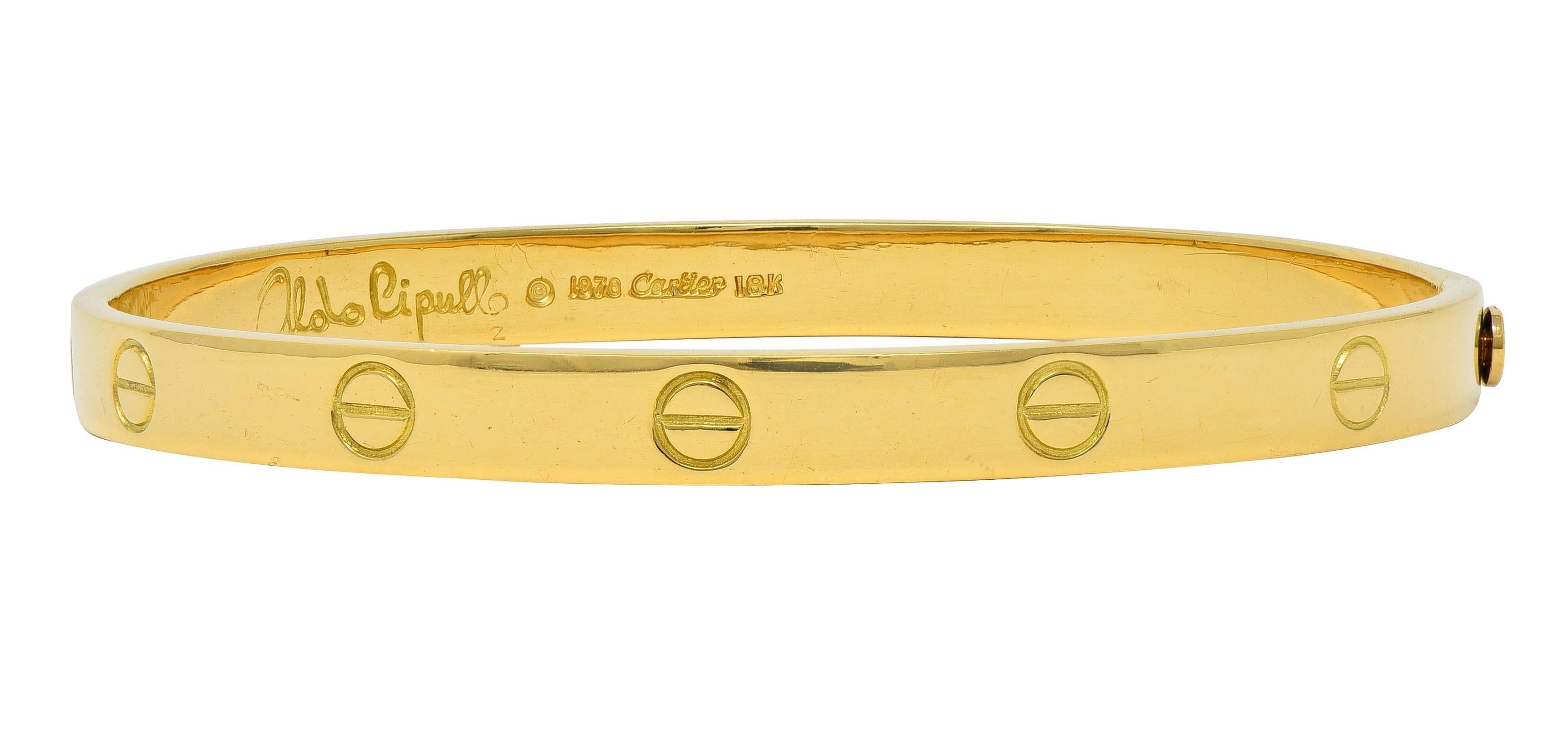 Cartier Aldo Cipullo 1970 18 Karat Yellow Gold Vintage Love Bangle Bracelet For Sale 2