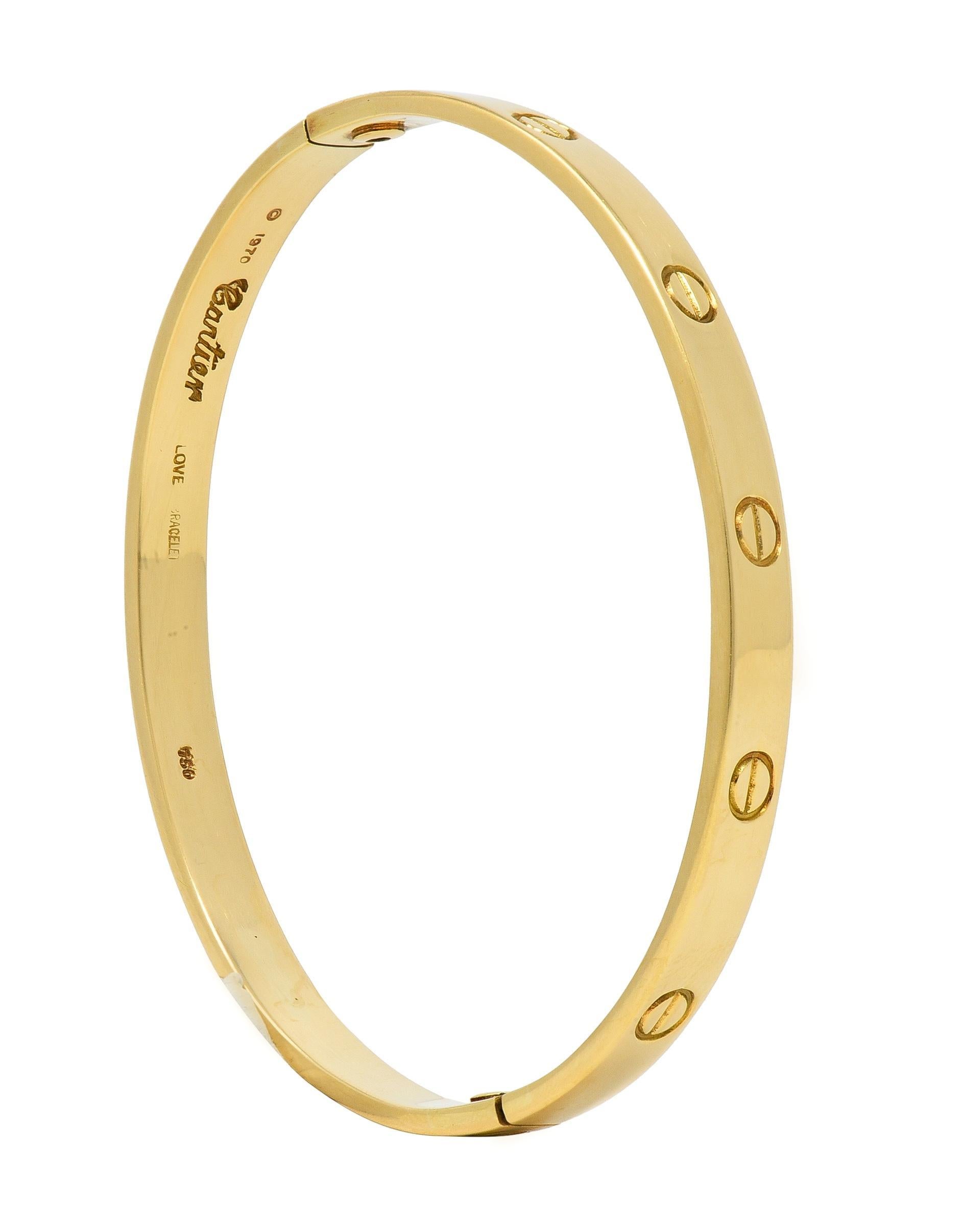 Cartier Aldo Cipullo 1970s 18 Karat Yellow Gold Love Bangle Bracelet For Sale 7