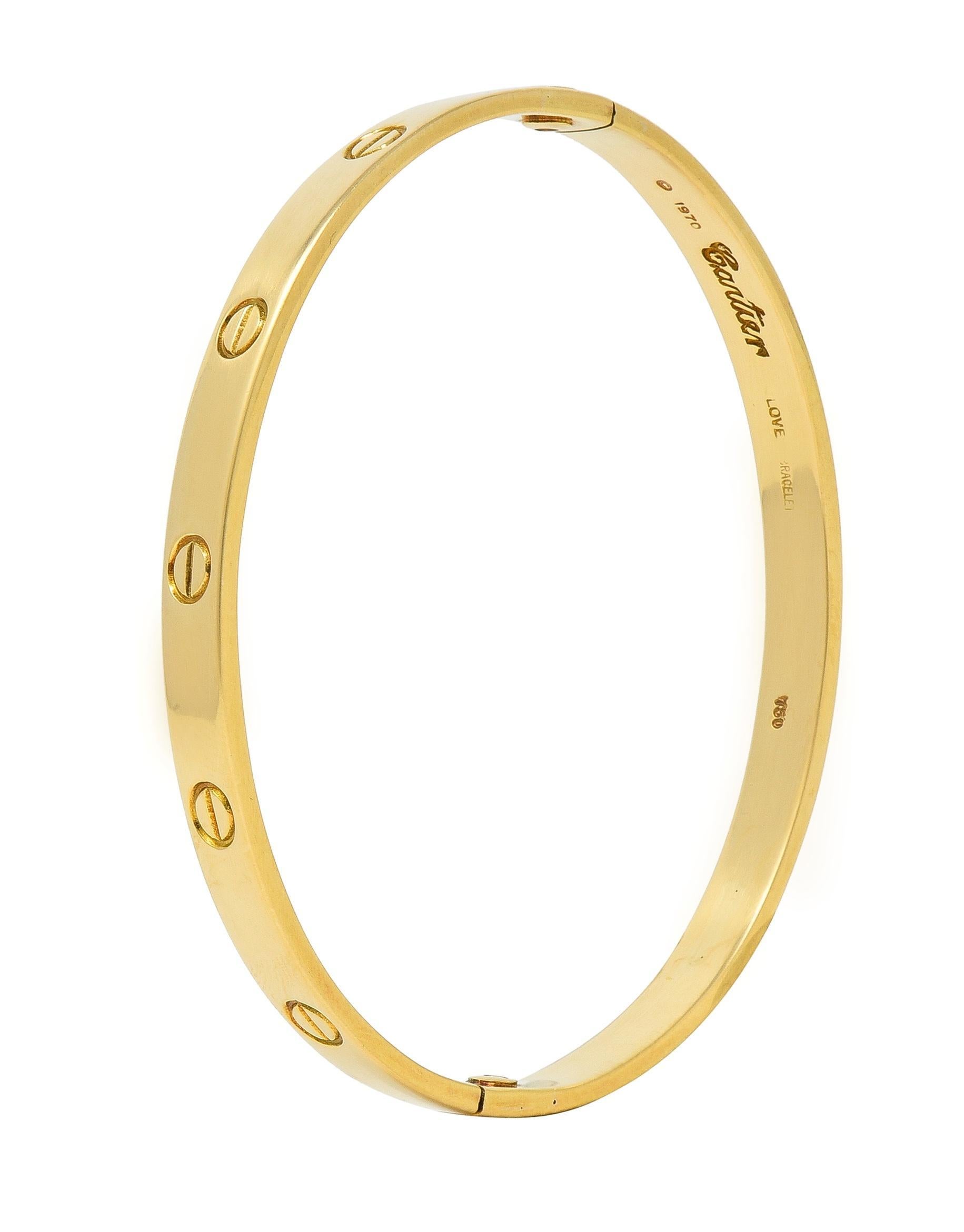 Designed as a bangle style bracelet deeply engraved with iconic screw head motif
With a high polished finish
Opens via two removable screws
From the coveted Love collection
Numbered and fully signed Cartier
Stamped  1970 Cartier Love Bracelet