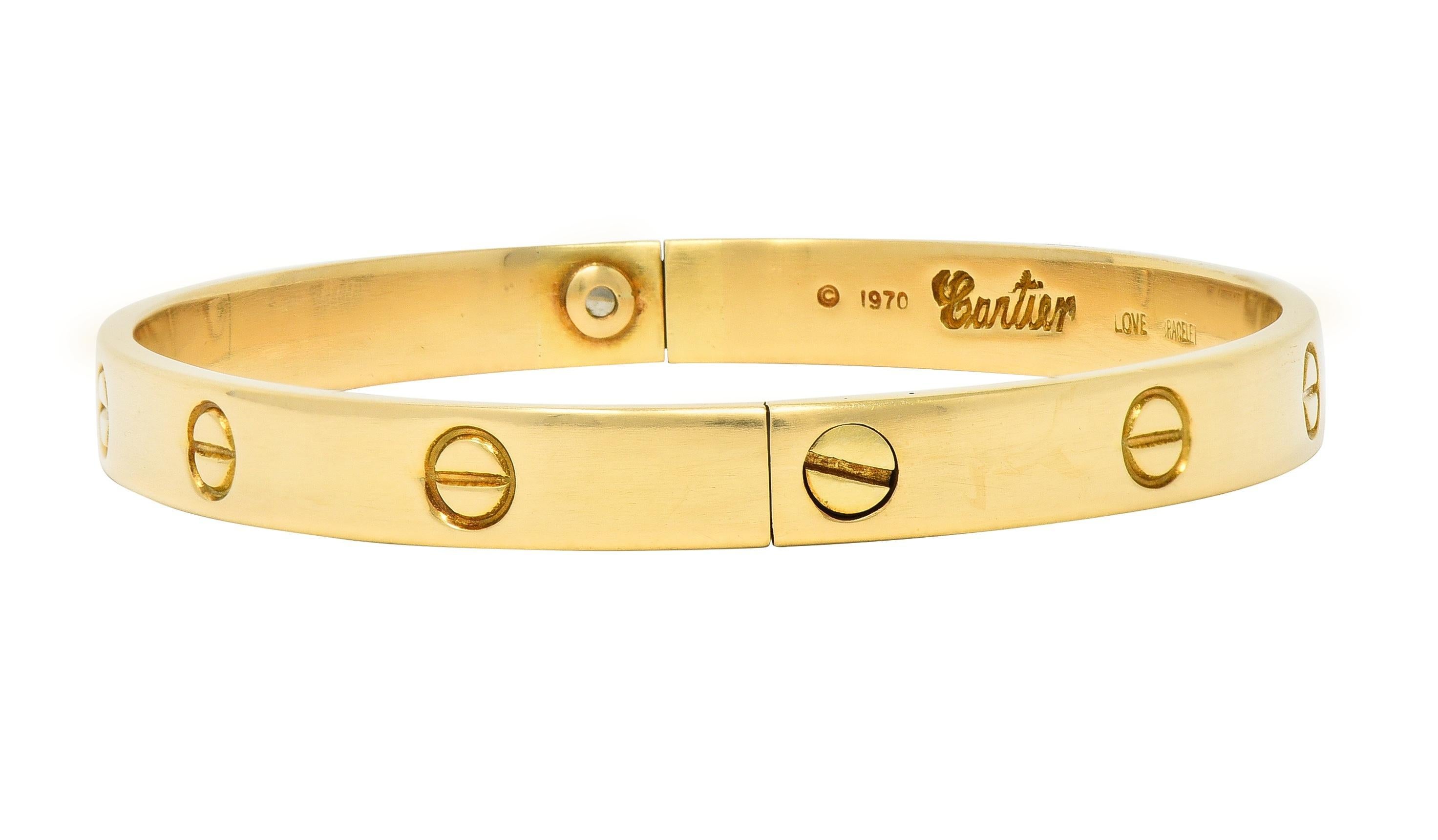 Women's or Men's Cartier Aldo Cipullo 1970s 18 Karat Yellow Gold Love Bangle Bracelet For Sale