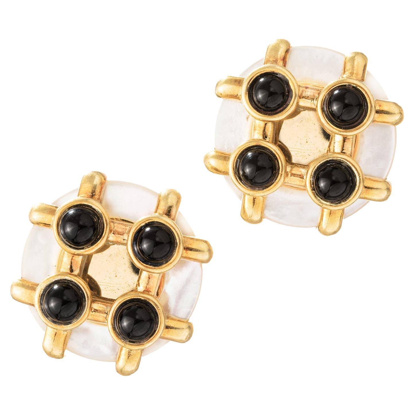 Cartier Aldo Cipullo Gold Mother-of-Pearl Onyx Earrings For Sale