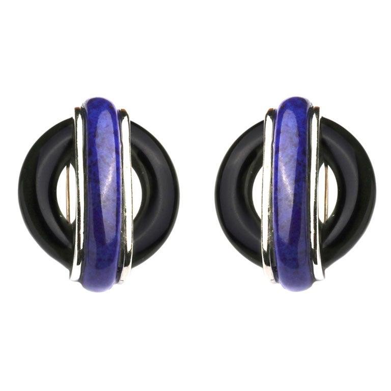 Cartier Aldo Cipullo Onyx Lapis Lazuli White Gold Earrings In Excellent Condition In New York, NY