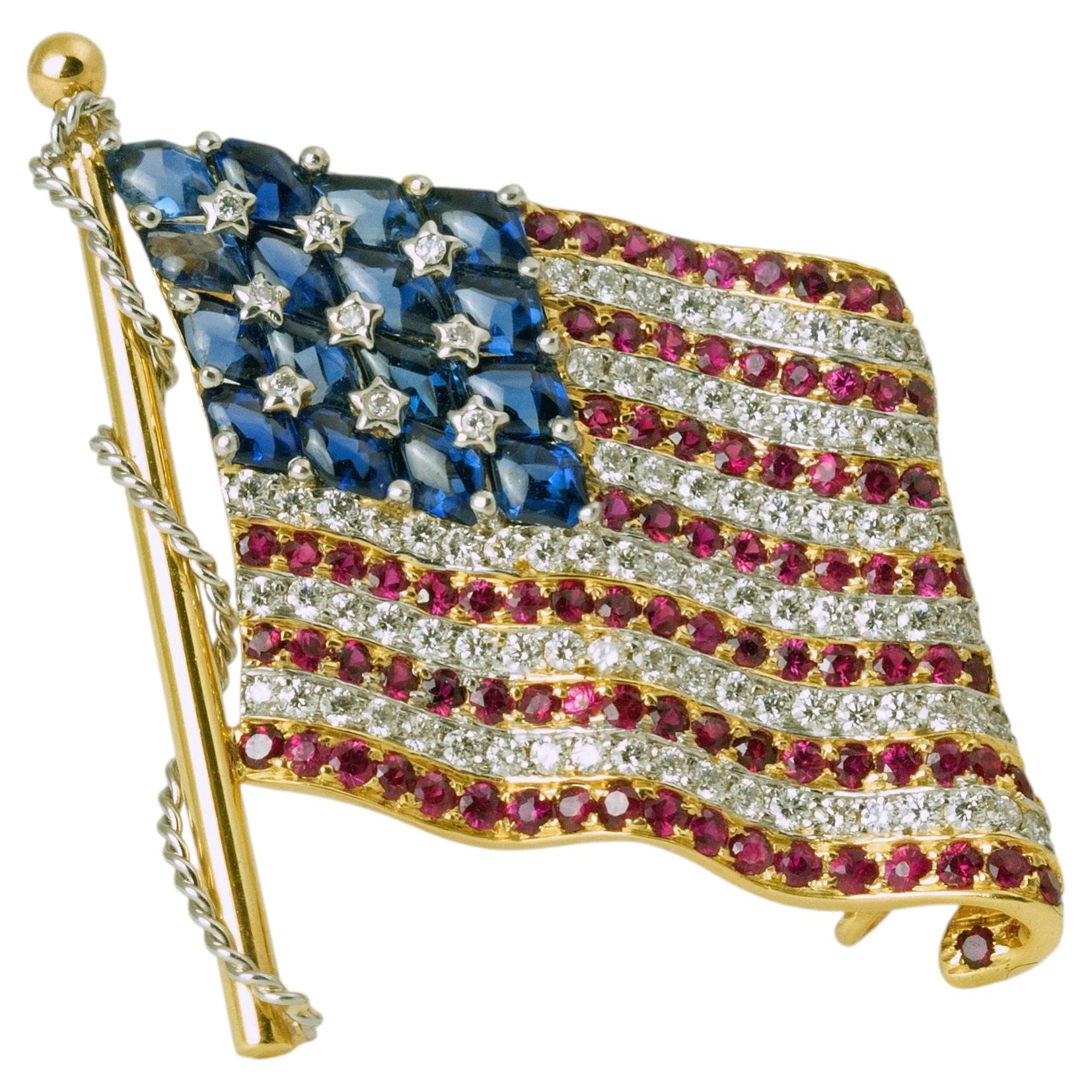 Cartier American Flag Diamond Ruby Sapphire 18K Gold Pin Brooch Circa 1980s